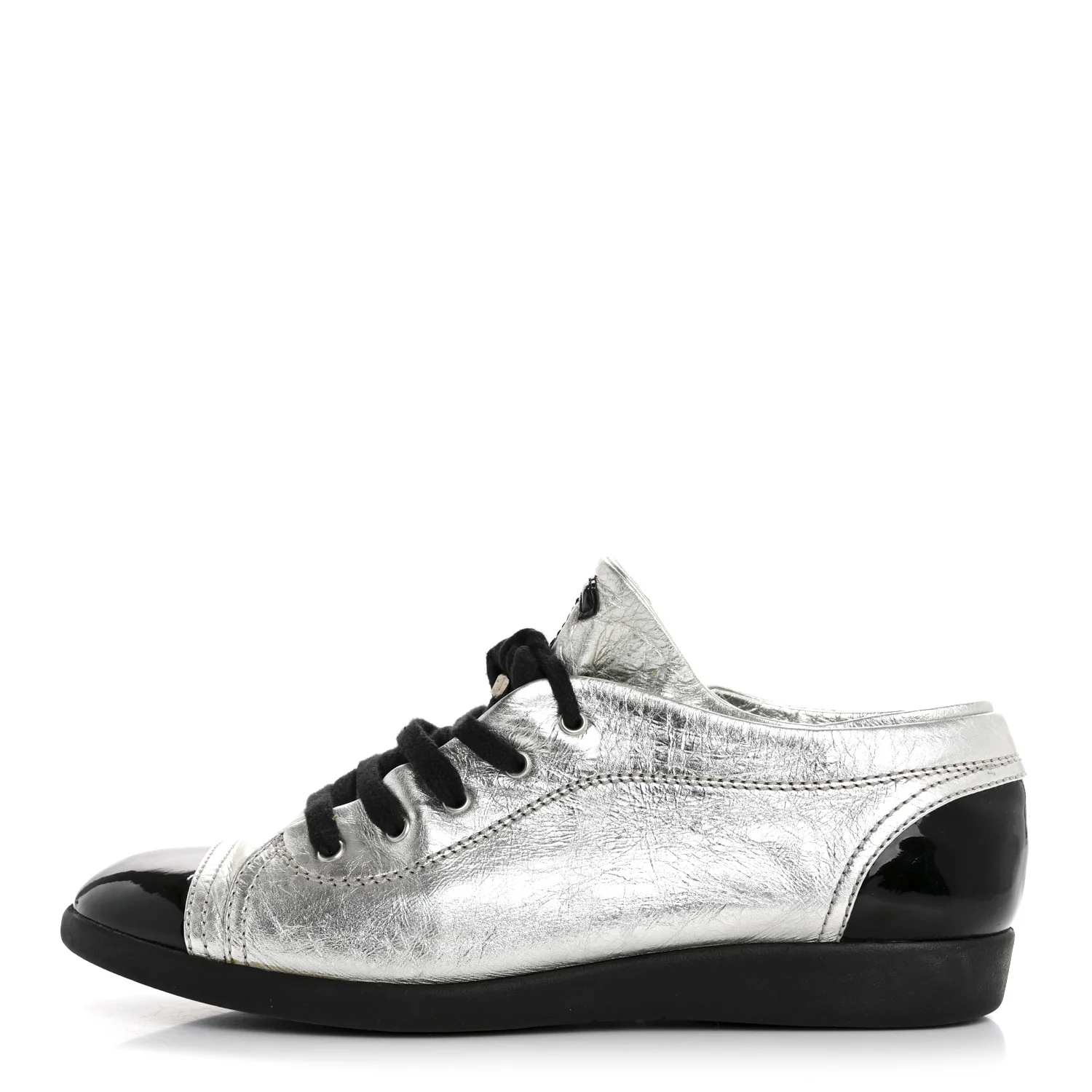 Metallic Lambskin Patent Cap Toe CC Sneakers 38.5 Silver Black
