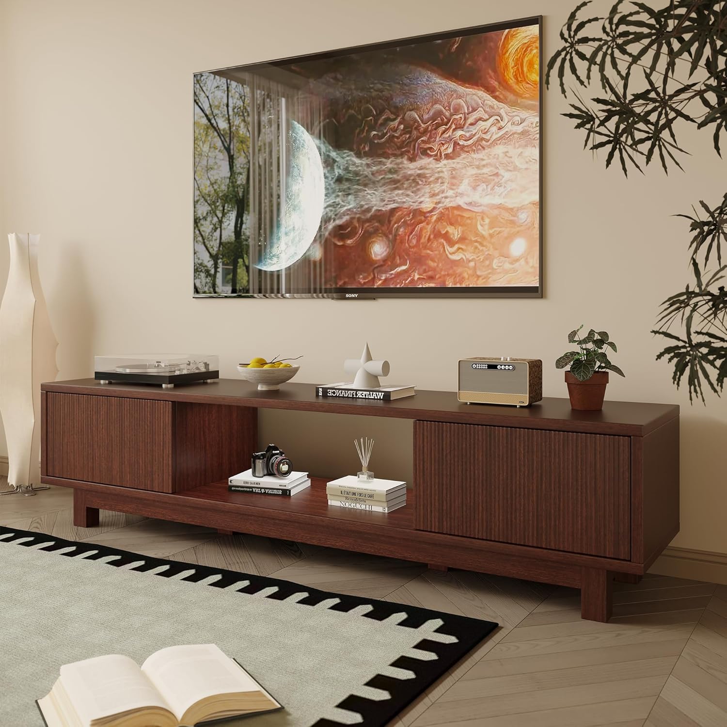 Maggym 70″ TV Stand with Storage, Modern Media Console with 2 Doors and Open Shelves, Entertainment Center for Living Room, Walnut