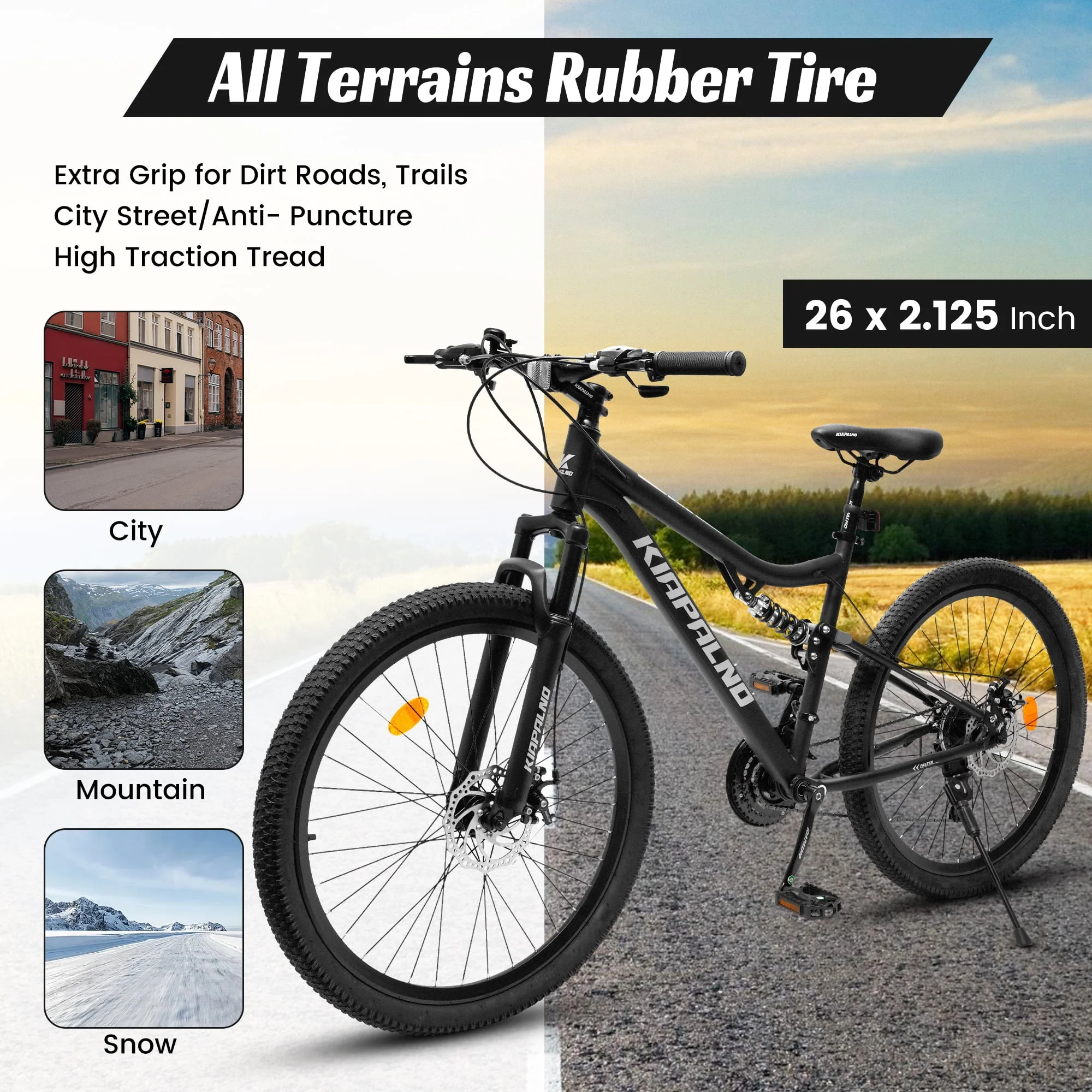 26 Inch Mountain Bike Dual Full Suspension, Shimano 21-Speed Mountain Bicycle with Dual Disc Brakes and Carbon Steel Frame, Trail Beach Snow Commuter City Bike for Adult Men Women, Black