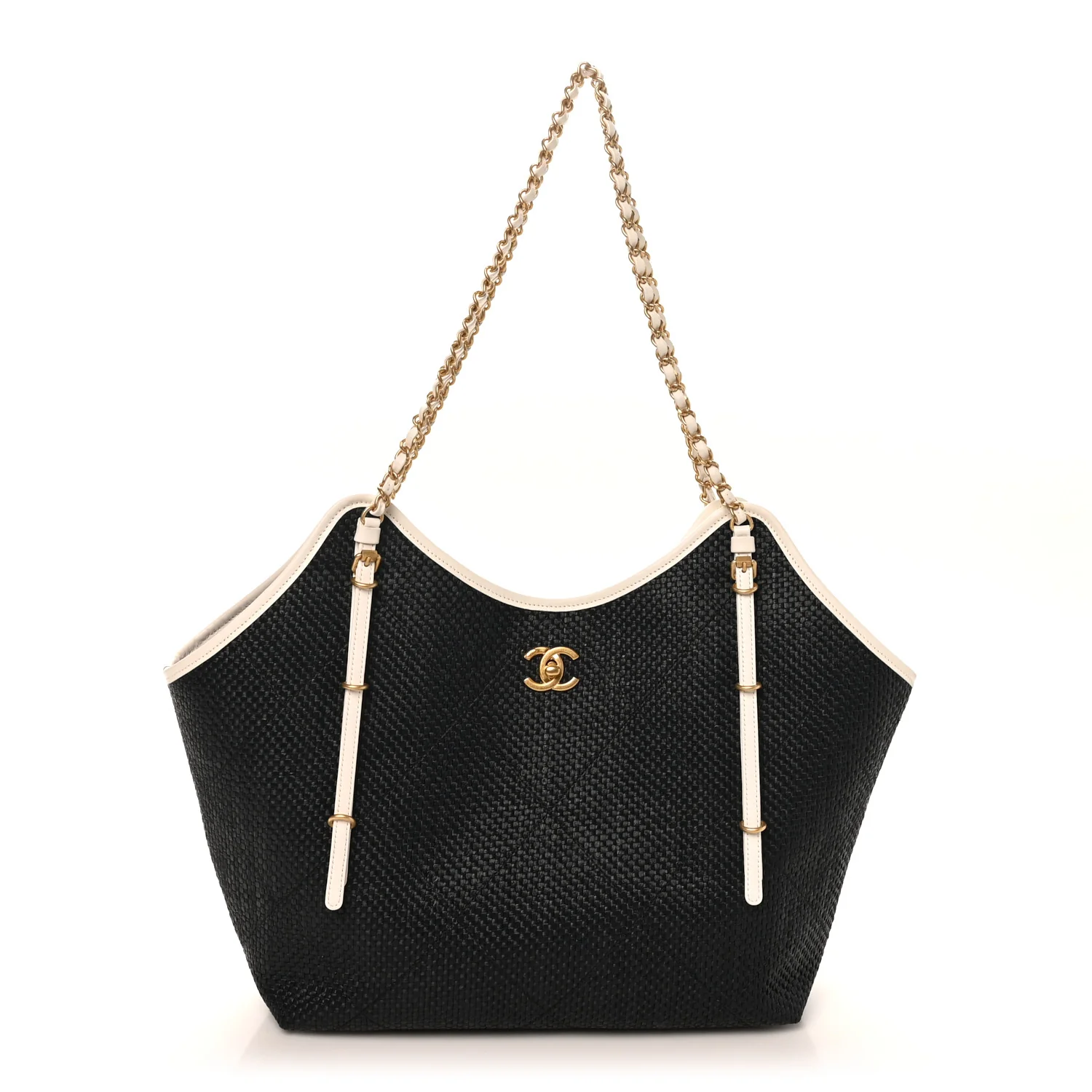 Calfskin Raffia Braided Small Shopping Tote Black White