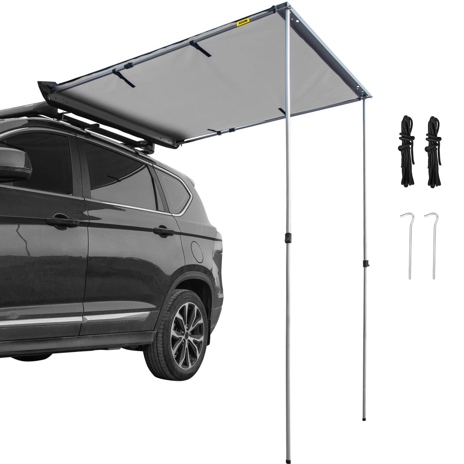 VEVOR Car Side Awning, 4.6'x6.6', Pull-Out Retractable Vehicle Awning Waterproof Uv50+, Telescoping Poles Trailer Sunshade Rooftop Tent w/ Carry Bag