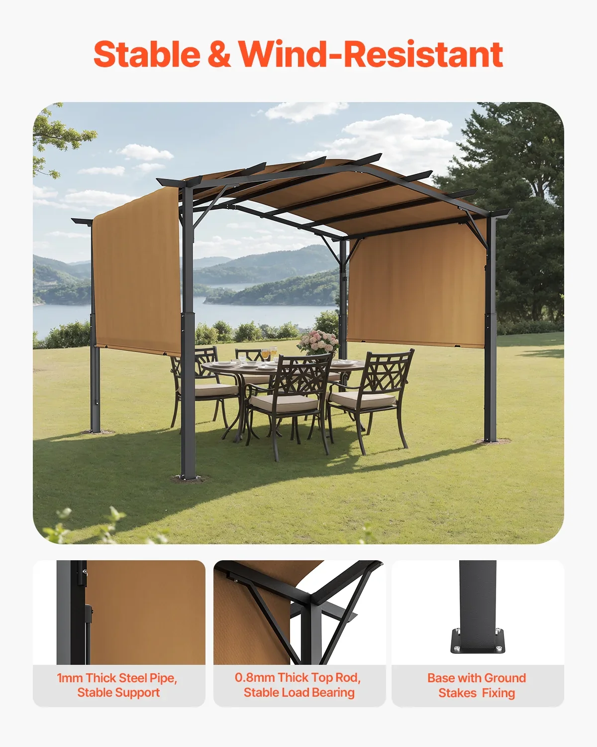 VEVOR 12 x 10 ft Outdoor Pergola, Arched Top Metal Pergola, Retractable Pergola with Sun Shade Canopy, Large Patio Shelter Pavilion, Heavy Duty Garden Pergola for Deck Backyard Porch Poolside