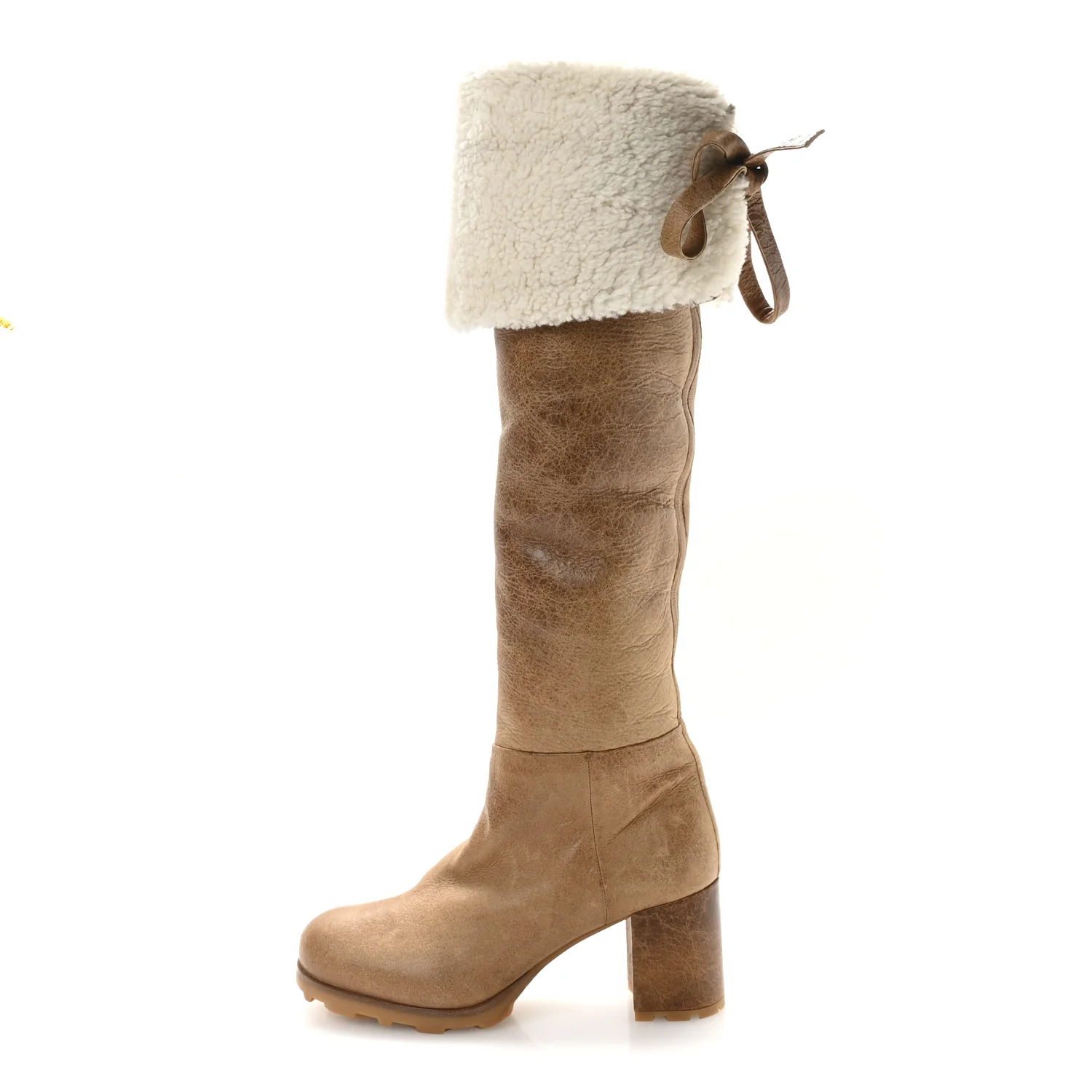 Shearling Calfskin Knee High Heel Boot 38.5 Brown