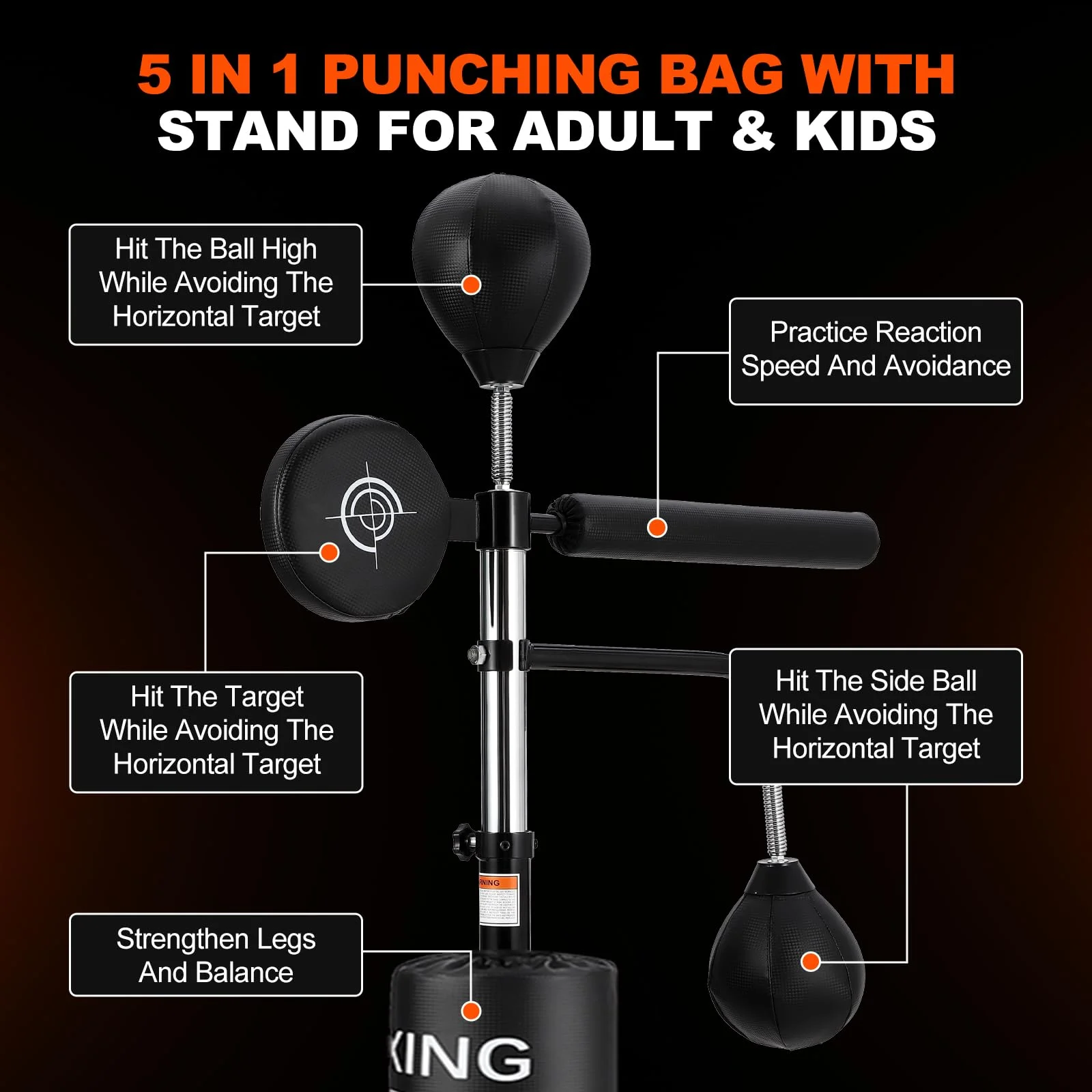5-in-1 Freestanding Punching Bag with Stand �?Adjustable Height Boxing Bag for Adults Kids, Reflex Bar, Speed Bags, Hitting Target, Heavy Kickboxing Bag(Height 65.13-89.7") - Image 6