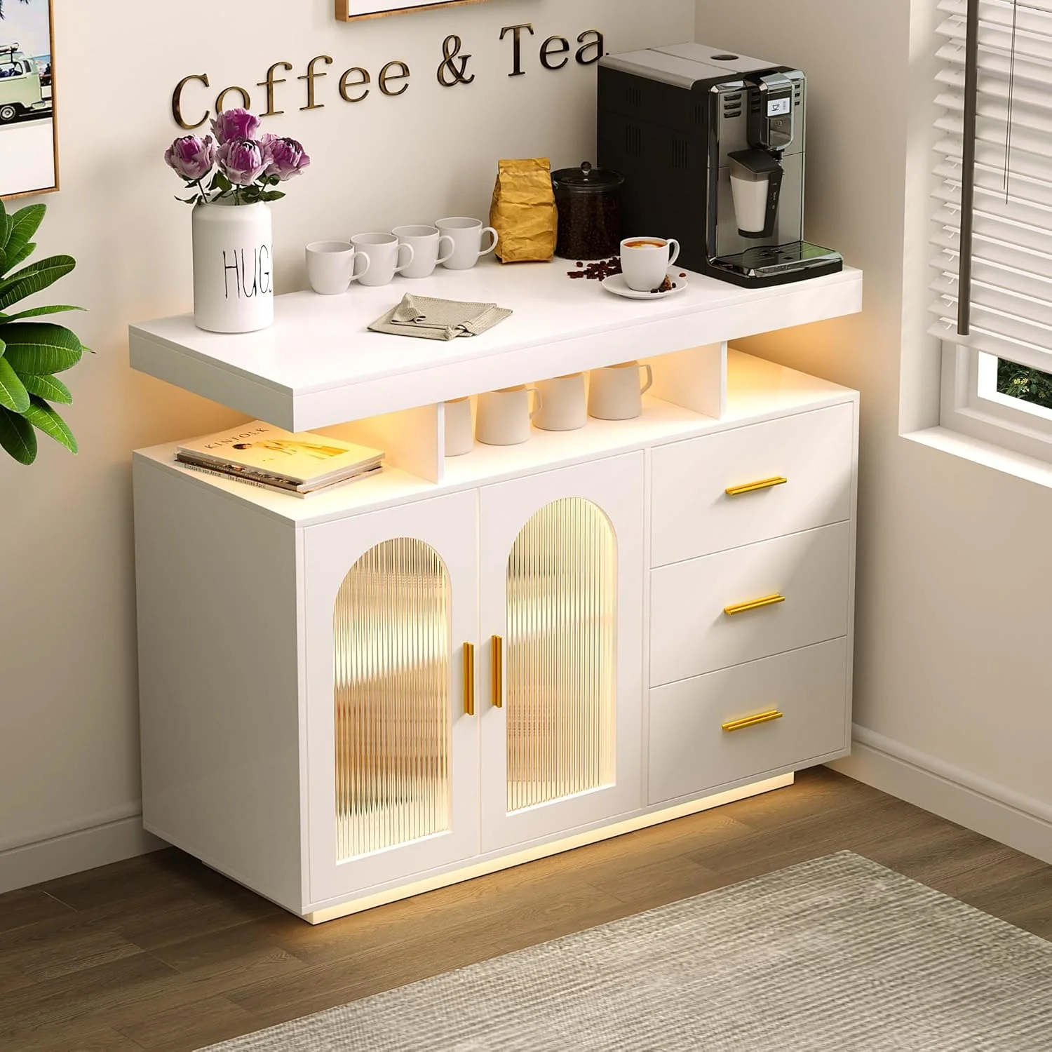 Bar Cabinet Kitchen Storage Cabinet with RGB Light, Human Sensor Design Sideboard Buffet Cabinets, Wood Coffee Bar Table with Shelf Capacity (Black)