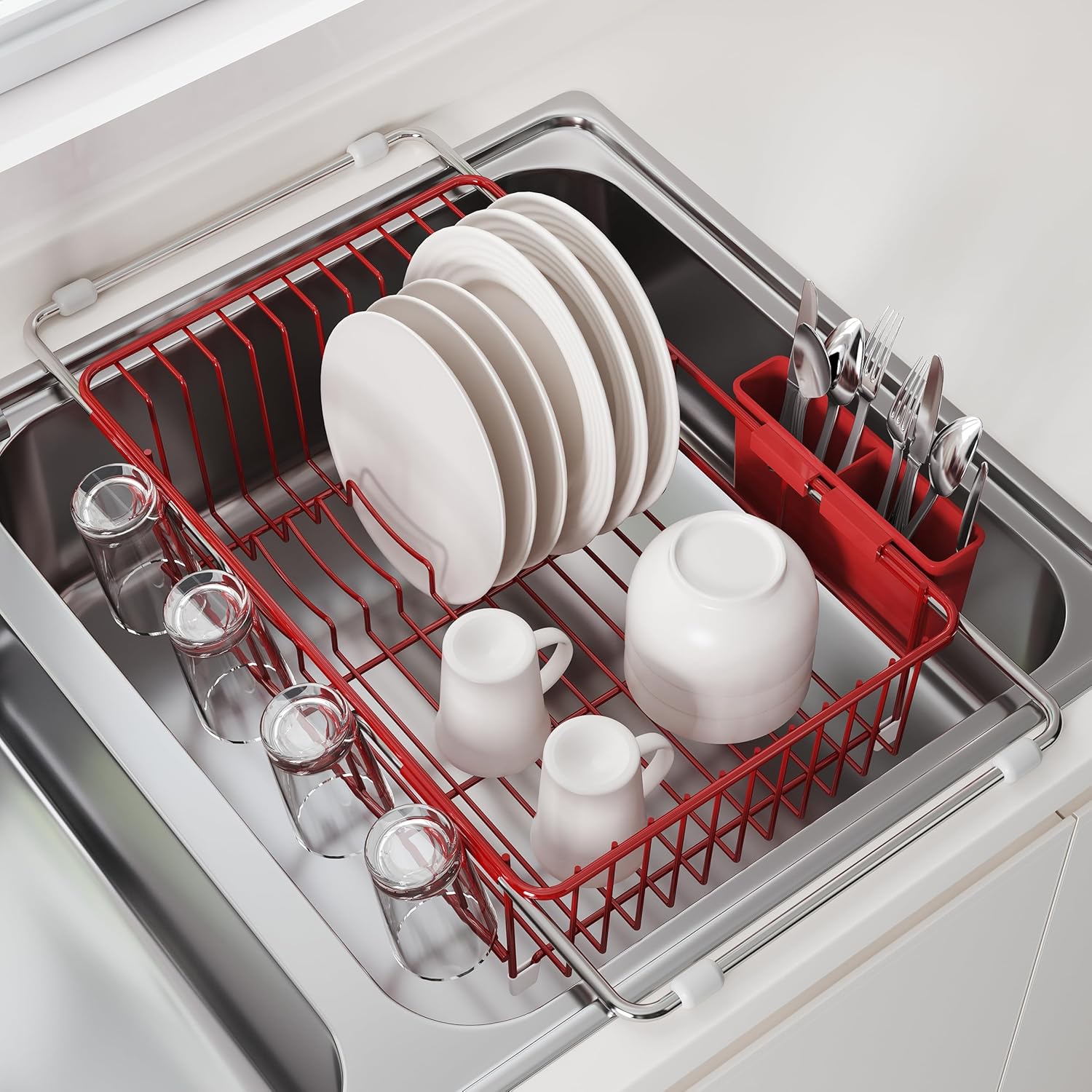 JASIWAY Dish Drying Rack in Sink, Dish Drainer with Cup and Utensil Holder