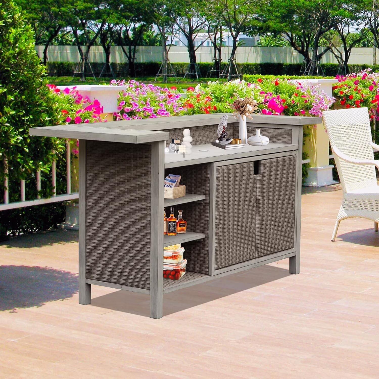 Patio Bar Table, Outdoor Aluminum PE Wicker Bar Cart with Cabinet, All-Weather Storage Cabinet for Patio Kitchen or Bar, Wood Grain Finish