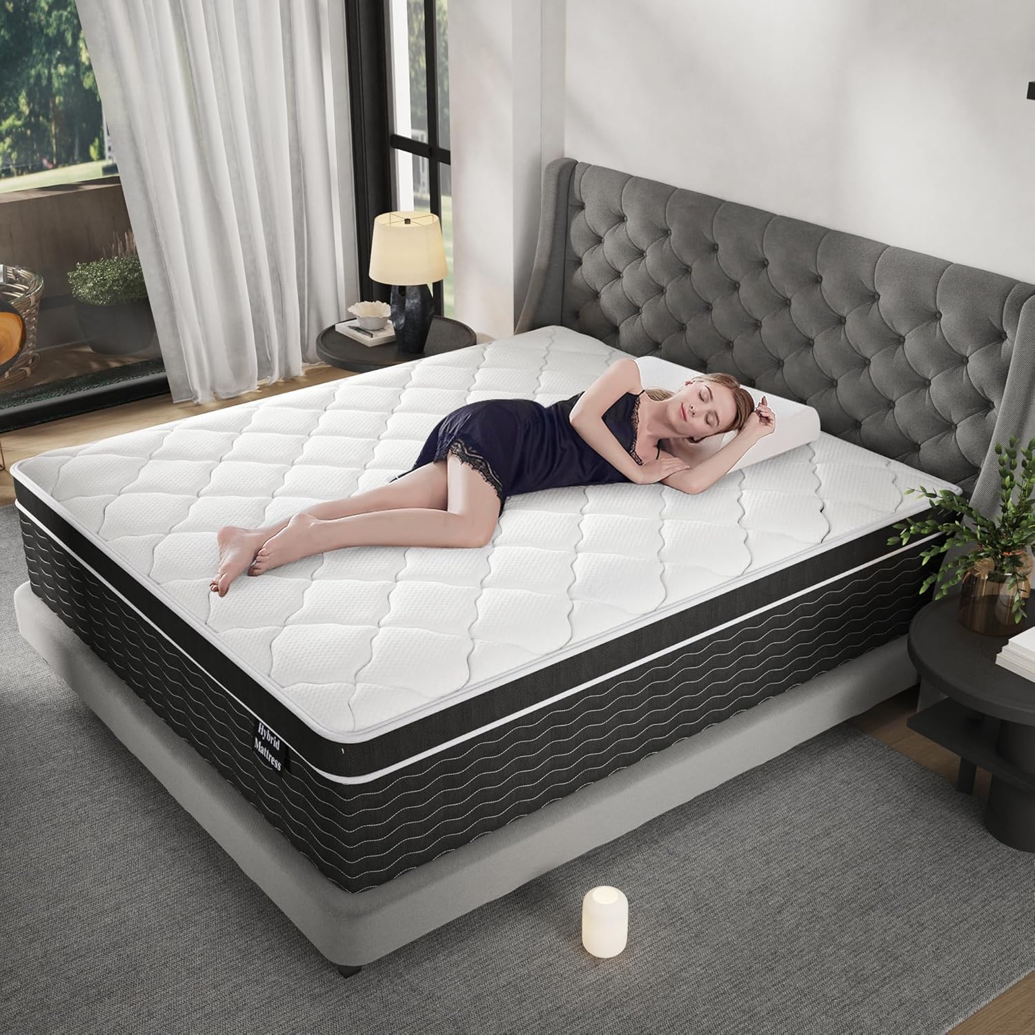 Matelas double (25 cm), matelas en boîte, matelas hybride mi-ferme avec mousse à mémoire de forme infusée de gel et ressorts ensachés, soulagement des points de pression et soutien amélioré, rafraîchissant et respirant