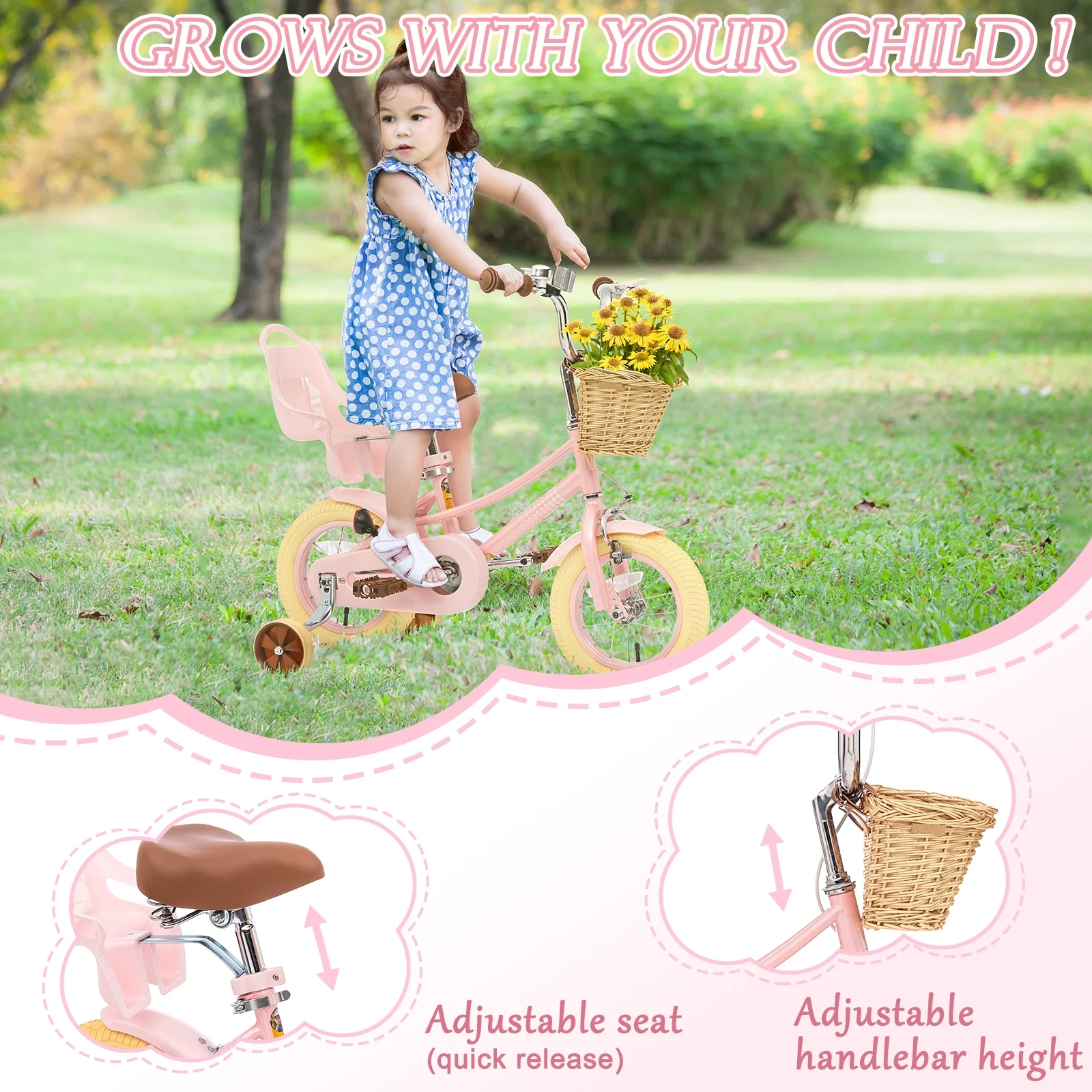 XJD Girls Bike for Toddlers and Kids Ages 2 - 12 Years Old, 12 14 16 in Kids Bike with Training Wheels & Basket, 20 in Girls Bicycle with Handbrake & Kickstand