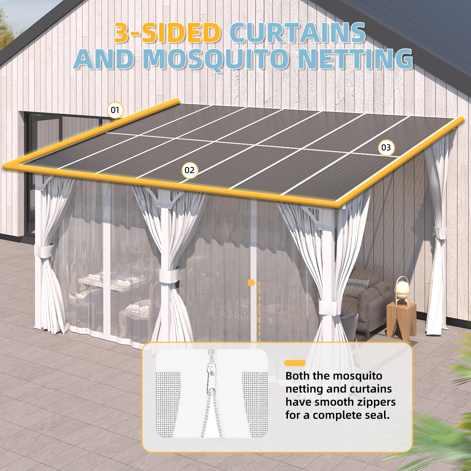 AECOJOY 14'x8' Wall Gazebo with Curtains and Mosquito Netting, White