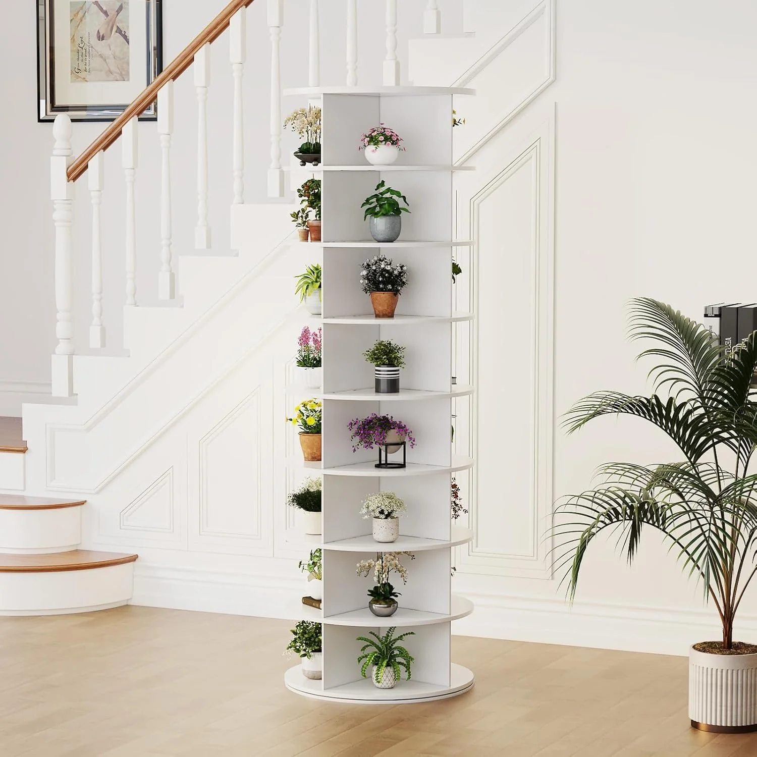 AECOJOY 8 Tier Rotating Shoe Rack Tower, Spinning Shoe Display Lazy Susan, Fits 32 Pairs of Shoes, White