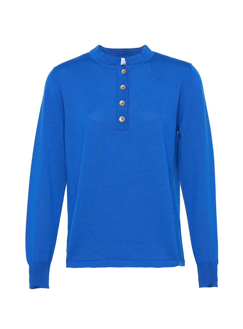 Pull femme col montant en laine merinos bleu dur