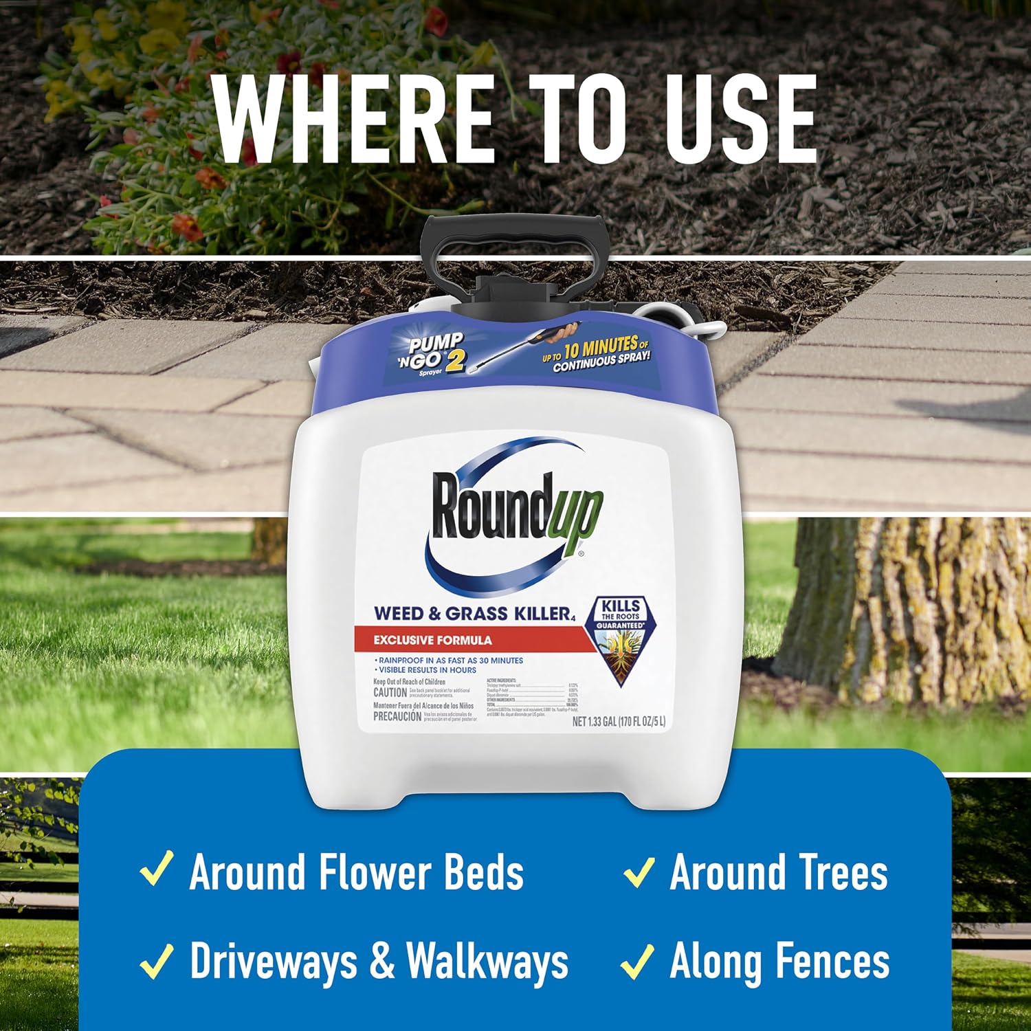Roundup Weed & Grass Killer4 with Pump 'N Go 2 Sprayer, 1.33 gal| Weed Killer, Use In and Around Flower Beds and Driveways, Visible Results in Hours, Up to 10 Minutes of Continuous Spray