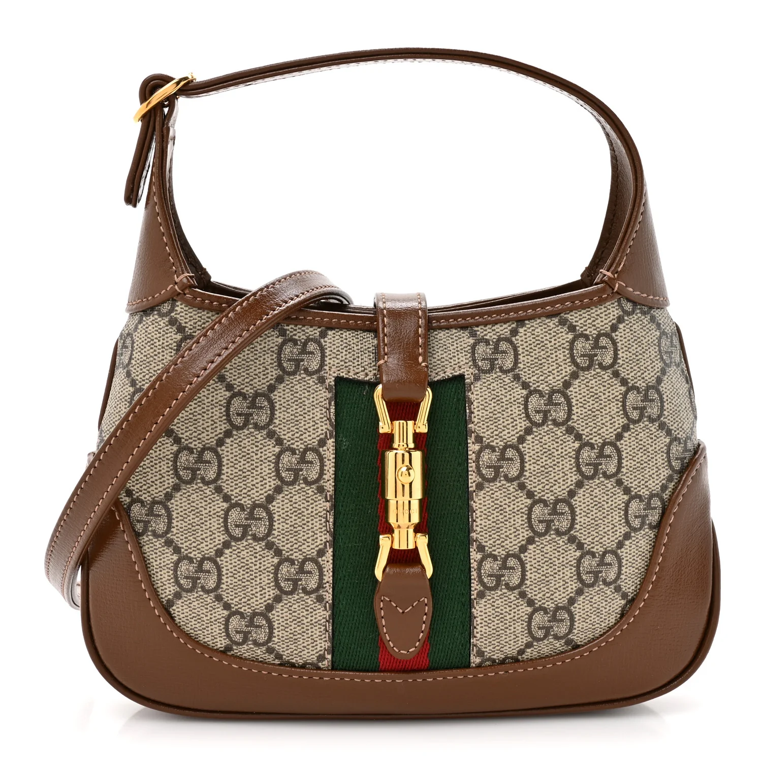 GG Supreme Monogram Azalea Calfskin Web Mini Jackie 1961 Hobo Beige Ebony Brown Sugar