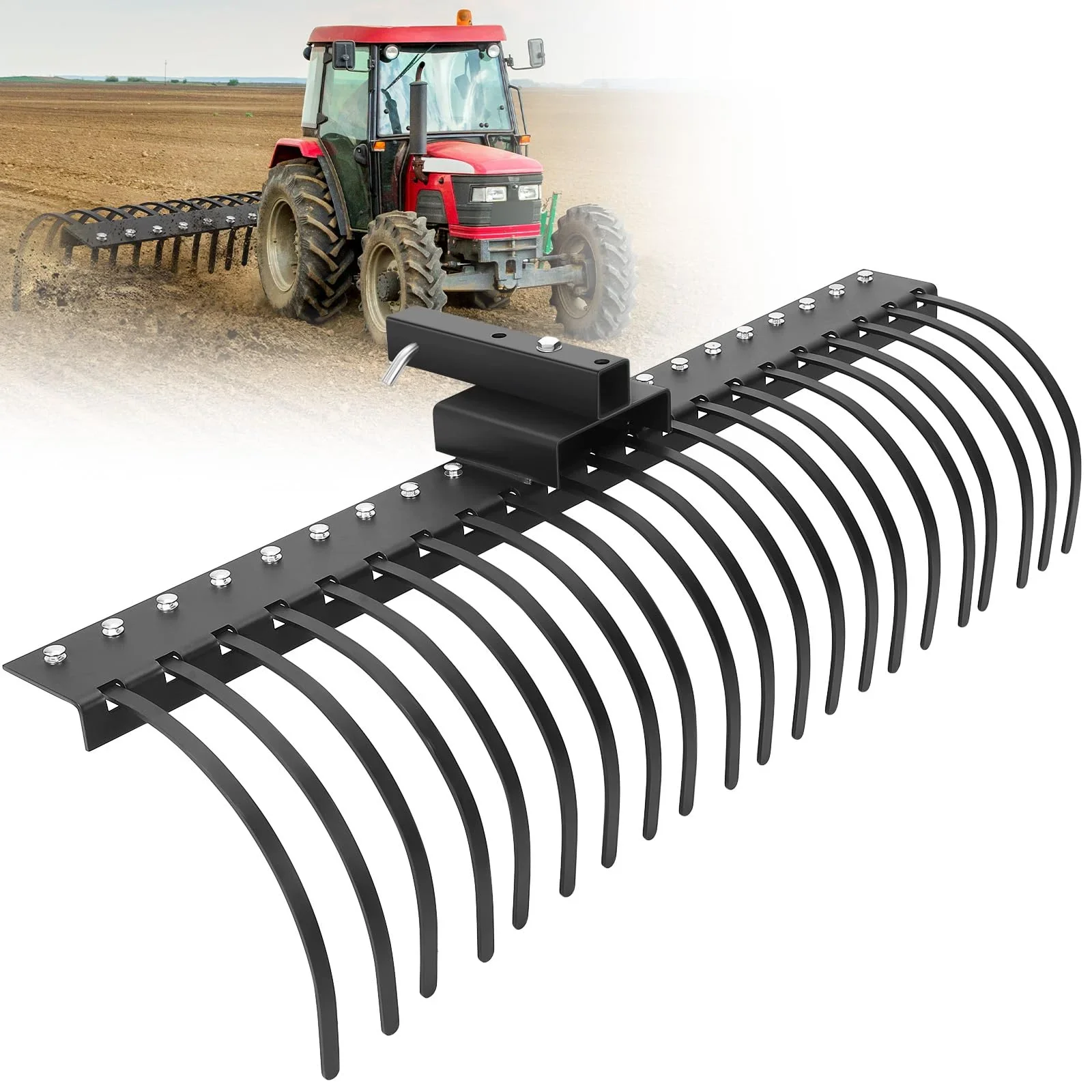 Danolapsi 60 Inch Landscape Rock Rake for Tractor,3 Point Attach Rake Fit for 2 Inch Receiver for ATV. with 360 Degree Rotation,Tow-Behind Garden Tool for Compact Tractors