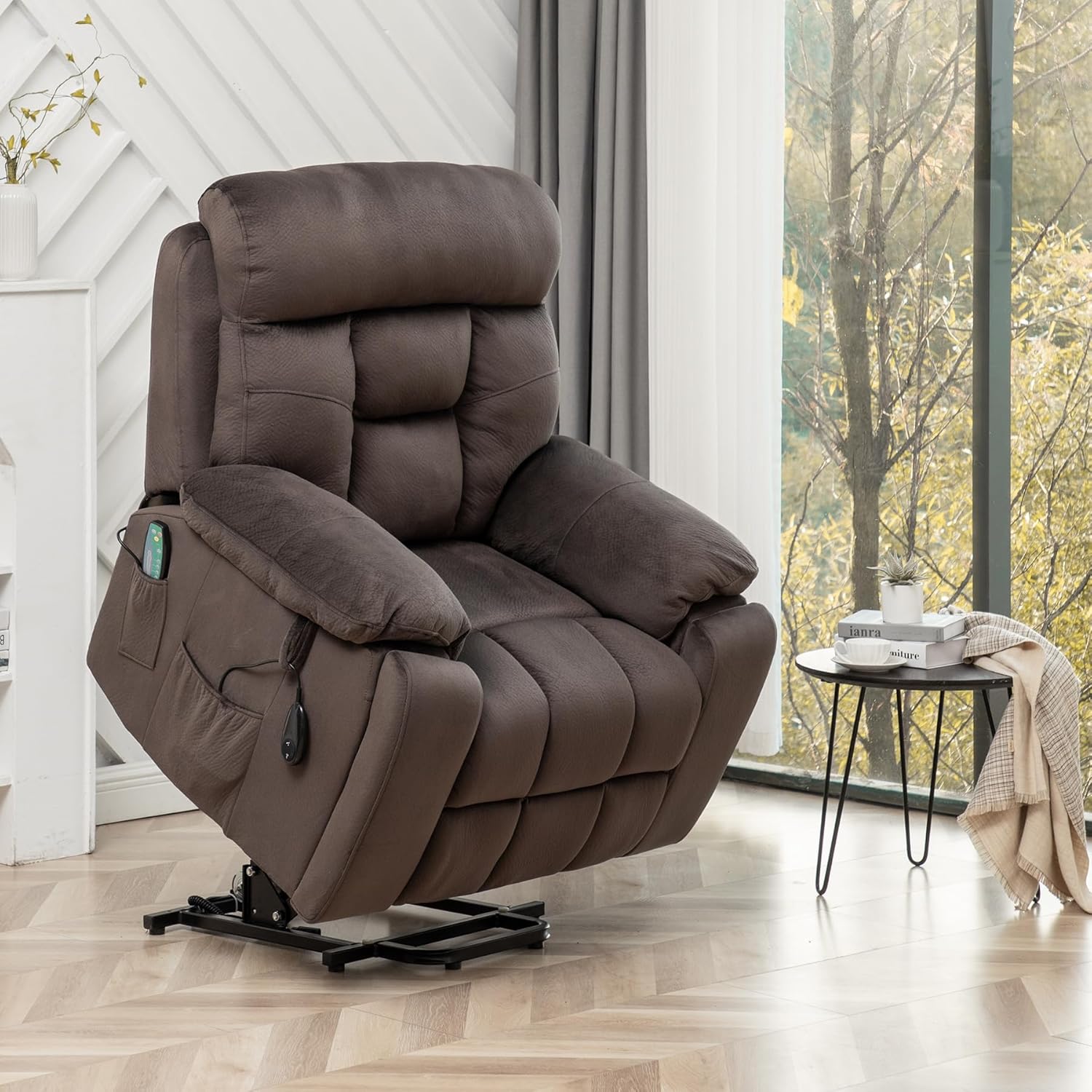 Oversized Power Recliner Chair for Elderly, Big and Tall Electric Lift Recliners with Massage and Heat, Overstuffed Wide Large Living Room Reclining Sofa, Hidden Cup Holder, Velnet Dark Brown
