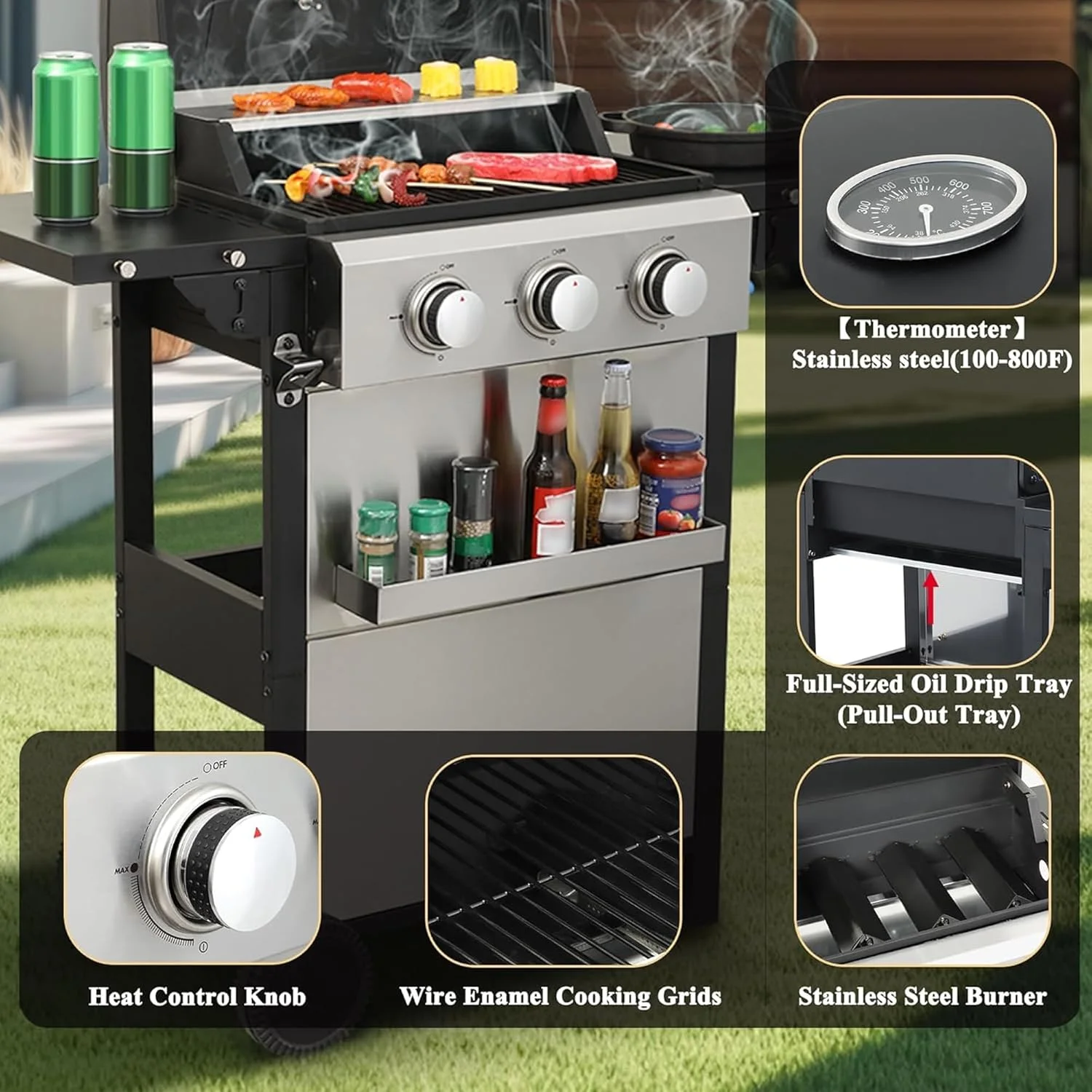 3-Burner Propane Gas BBQ Grill with Thermometer Wire Enamel Cooking Grids, 25,650 BTU Output Stainless Steel Grill with Foldable Side Table for Outdoor Barbecue(25650) - Image 4