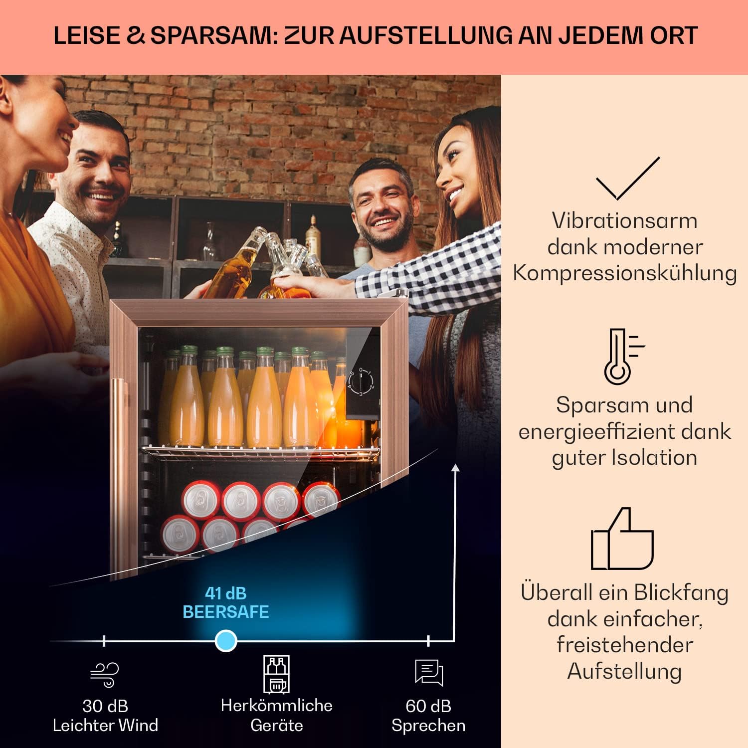 Klarstein Mini Koelkast met Glazen Deur voor Kamer, Drankenkoelkast met Verstelbare Planken, Klein 80 Liter, Indoor/Outdoor Koelkast Stil