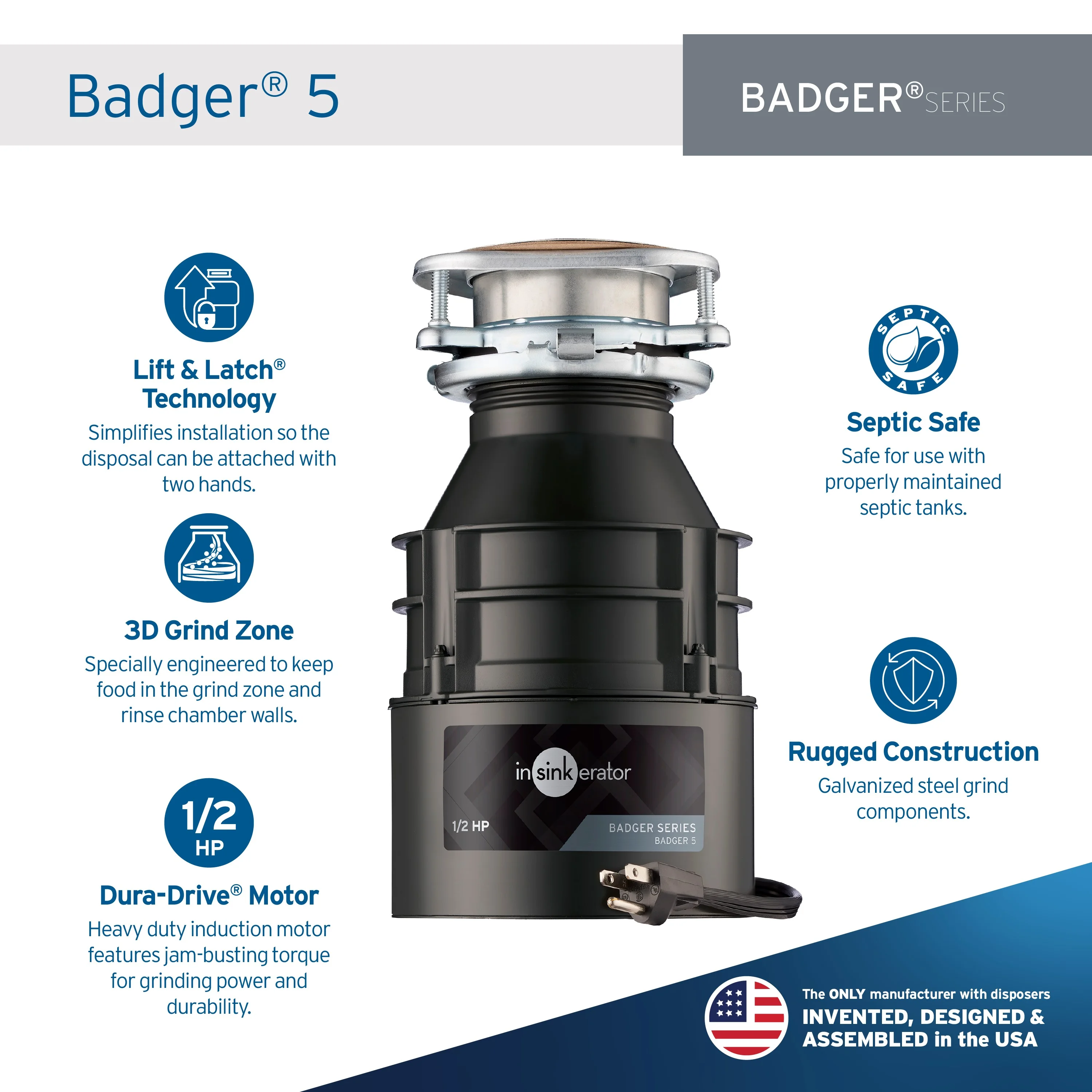 Insinkerator Badger 5 1/2 HP Continuous Feed Garbage Disposal with Power Cord