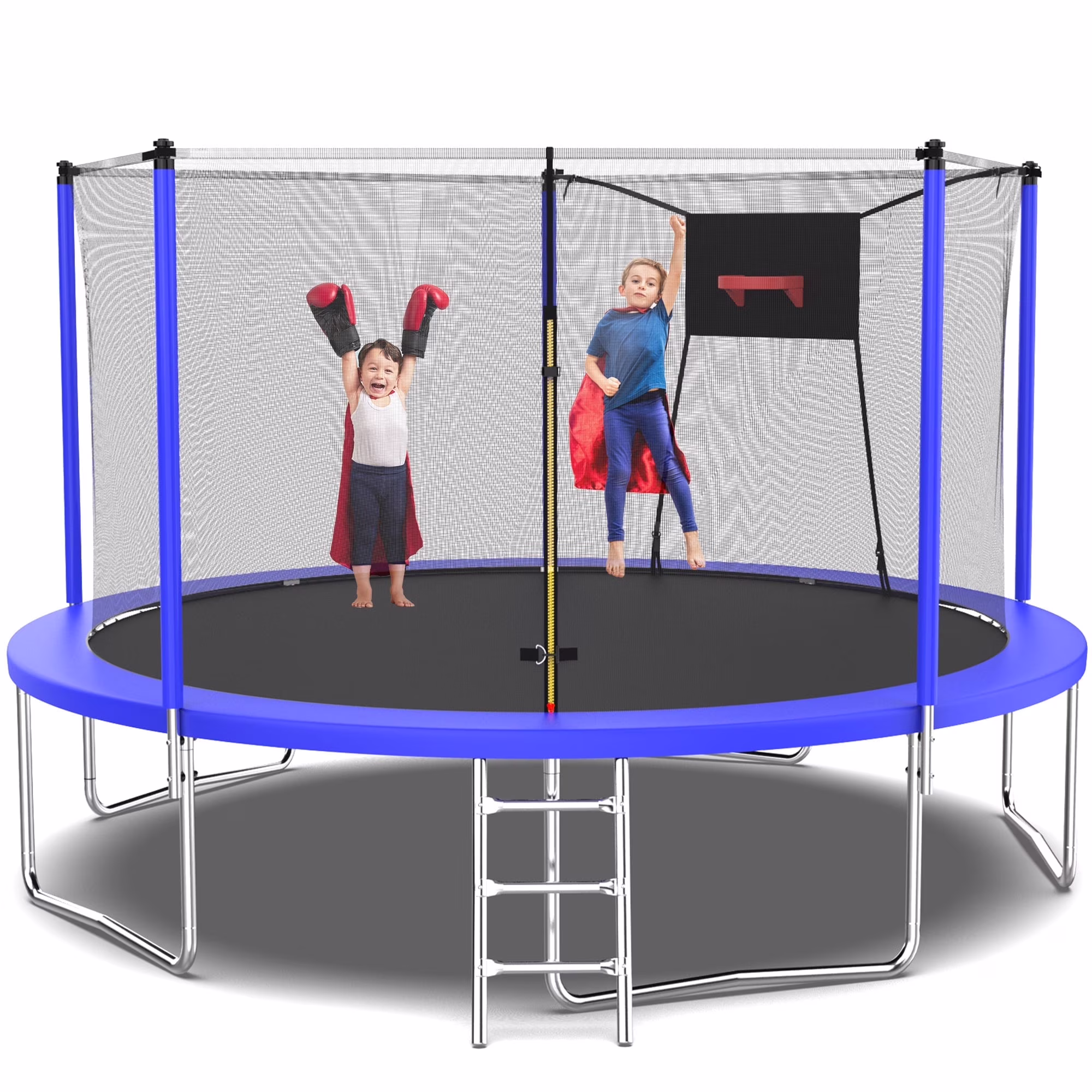 14FT Trampoline, 1320LBS Kids Trampoline with Basketball Hoop, Outdoor Adult Trampoline w/Enclosure Net Heavy-duty Supports(14FT-Blue)