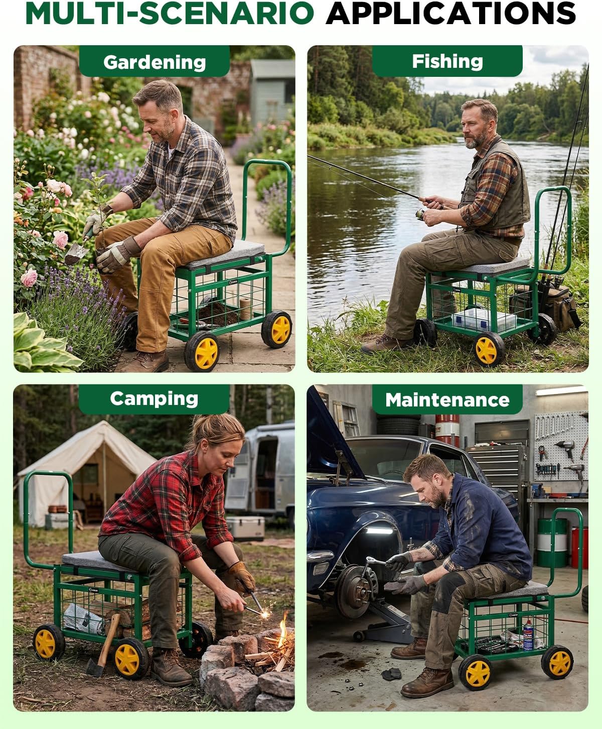 Saker Rolling Garden Cart with Seat & Wheels 15.7