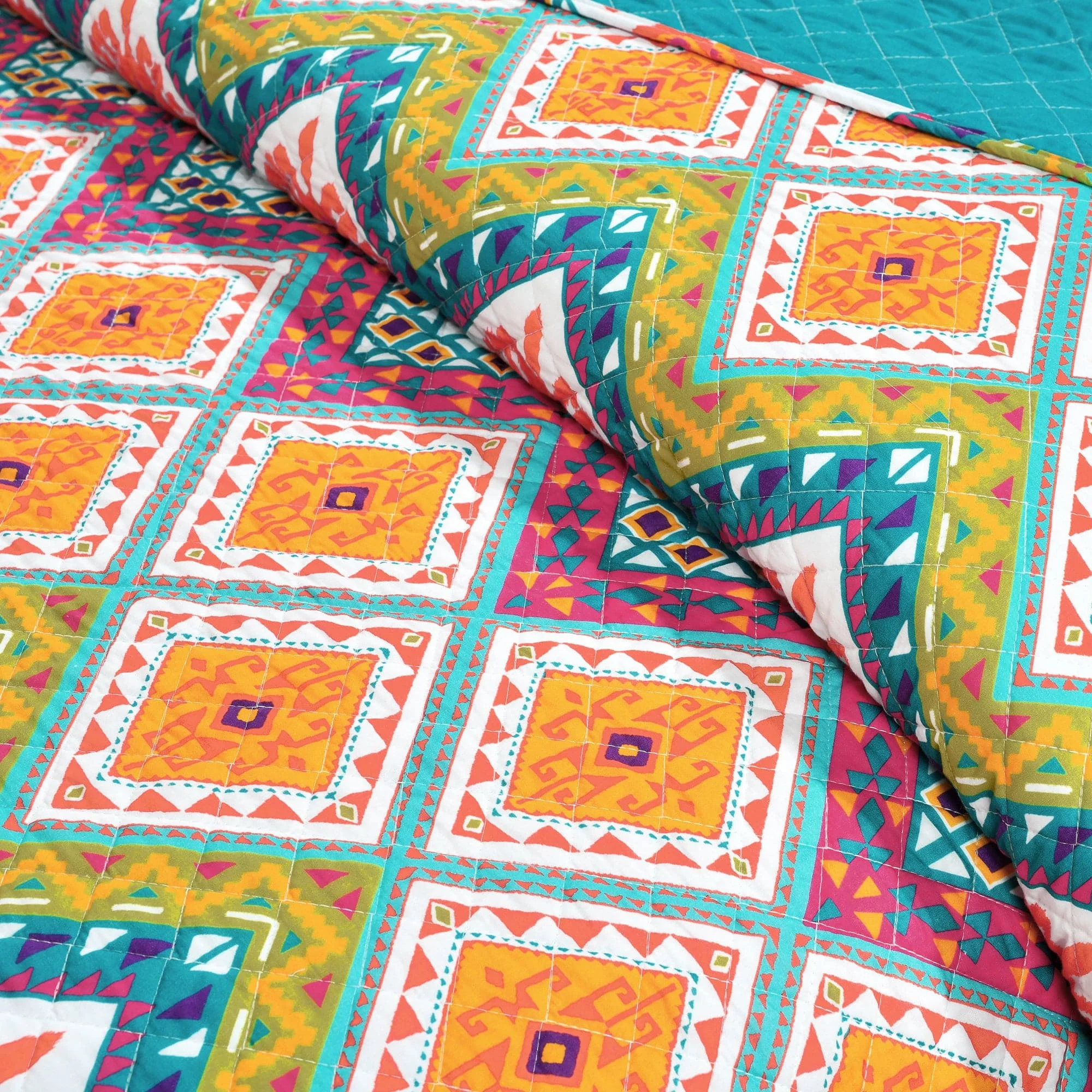 Lush Decor Boho Chevron Cotton Reversible Quilt, Full/Queen, Turquoise/Multi, 3-Pc Set(Full/Queen/Turquoise_Multi)