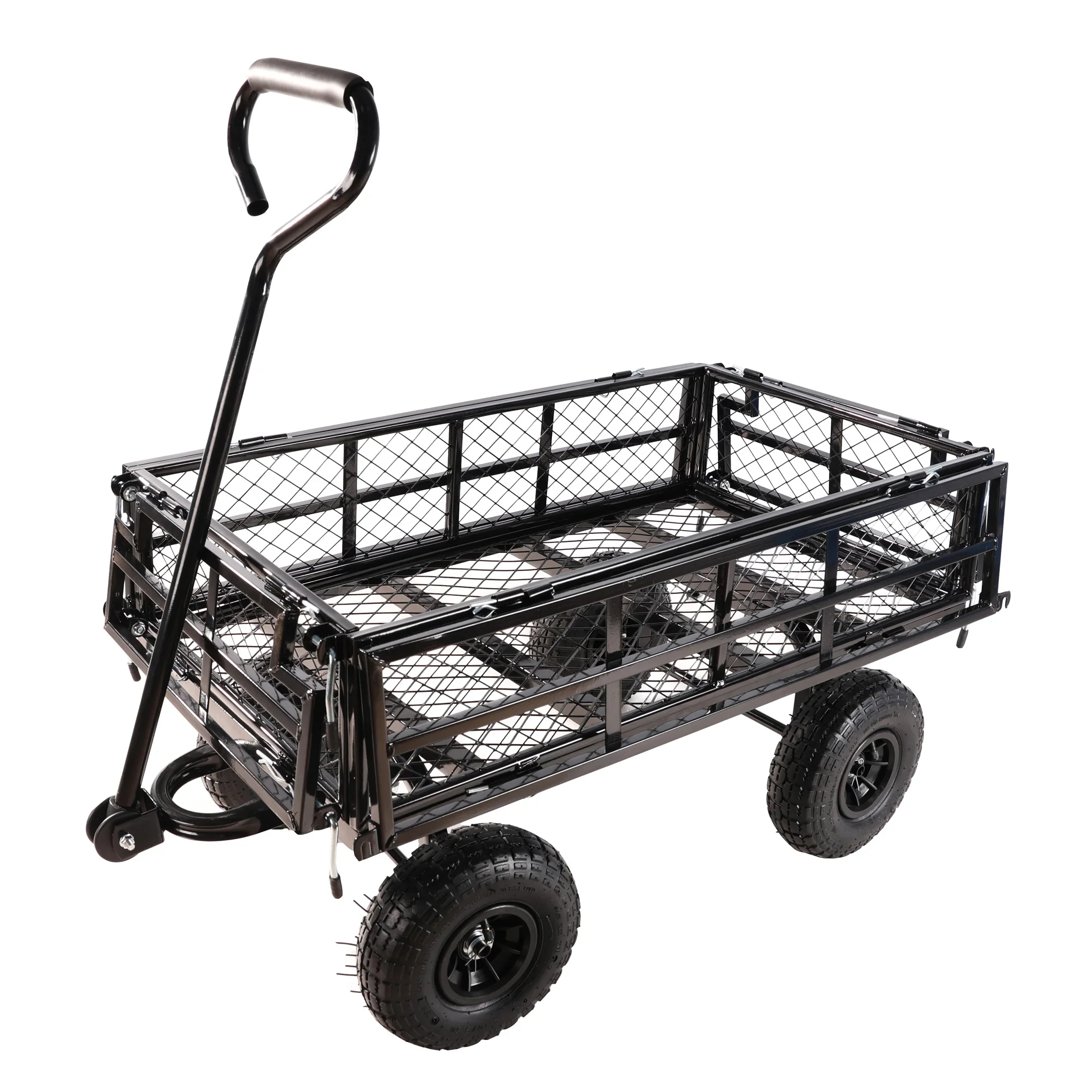 Furnibear Heavy Duty Steel Garden Cart 1500lbs Capacity, 6.35 cu ft, 40.55 x 27.56 Folding Utility Wagon with Double-Layer Removable Side, Black
