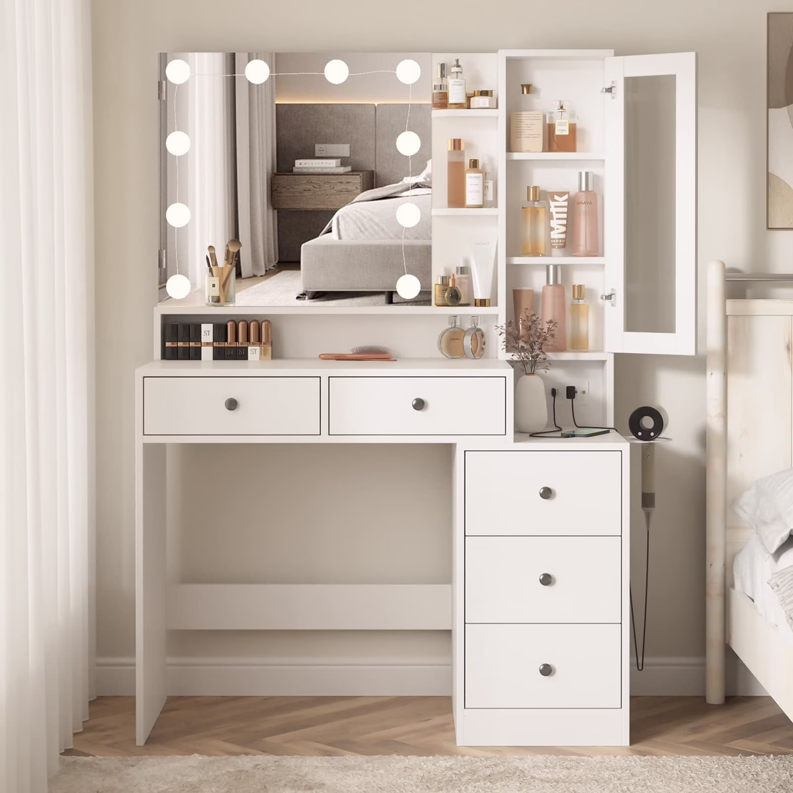 Makeup Vanity Desk with Lighted Mirror and Power Strip, Modern Vanity Table with 5 Drawers, White(White)