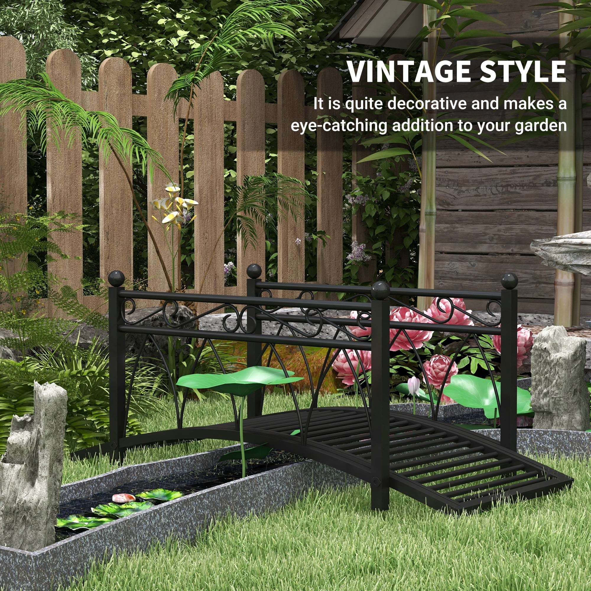 Outsunny 3.3' Metal Arch Zen Garden Bridge with Safety Siderails, Decorative Footbridge, Delicate Scrollwork & Corner Spheres for Stream, Black