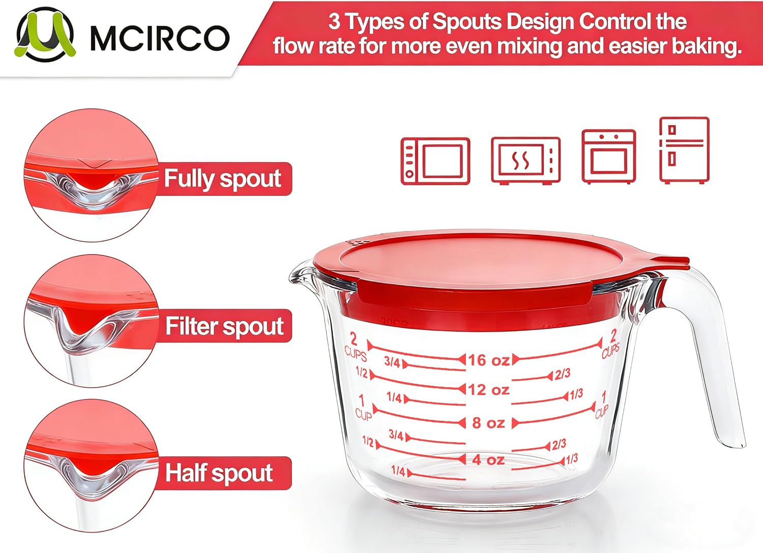 M MCIRCO 6 Pcs Glass Measuring Cups with Lids Set, 1 Cup, 2 Cup, 4 Cup