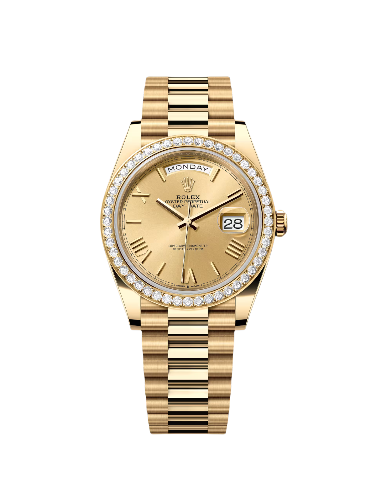 【Super Clone】RLX Day-Date 40mm Champagne Dial and Diamond Bezel Yellow Gold President Bracelet  228348RBR-0003