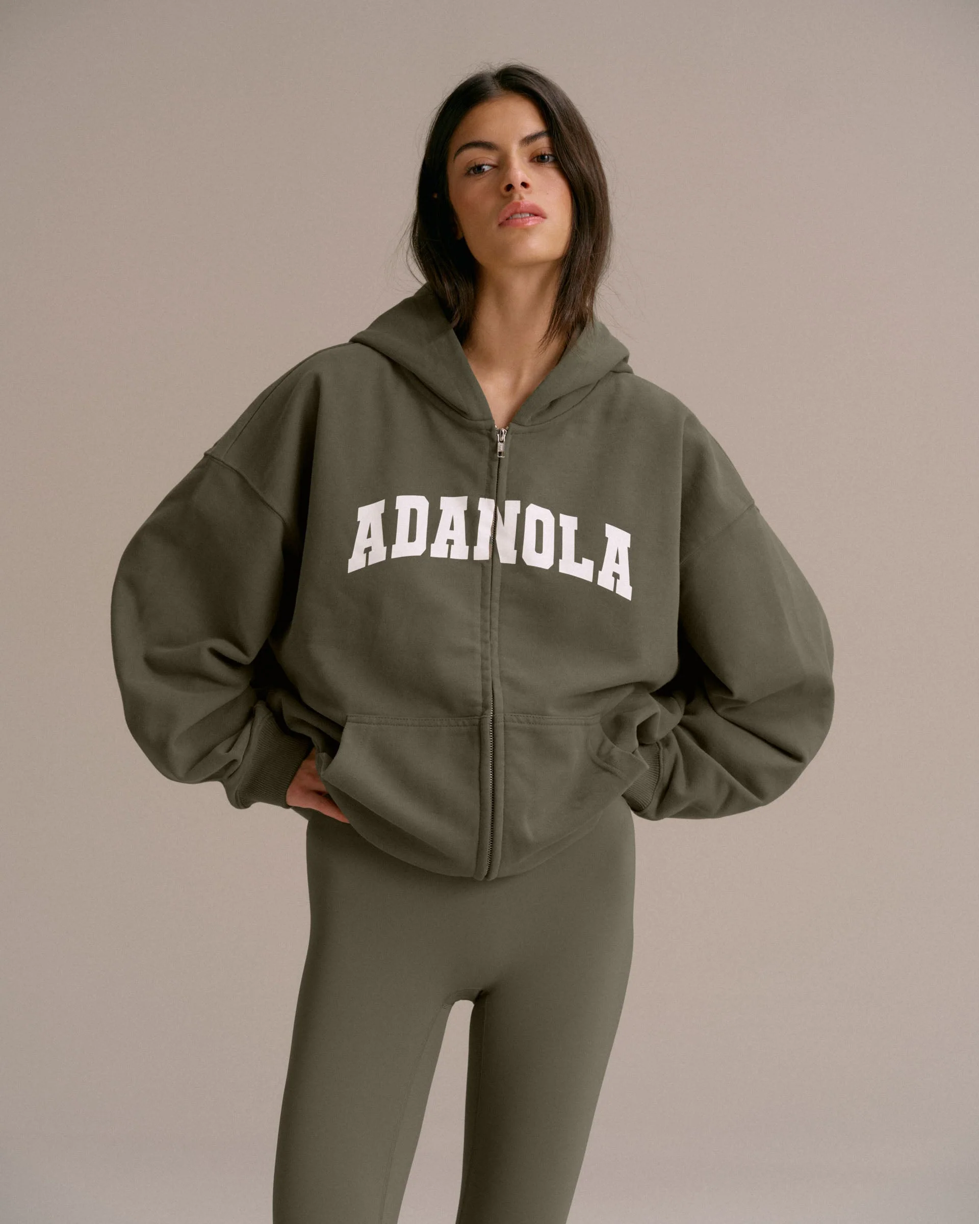 Varsity Oversized Full Zip Hoodie - Olive Green/Marshmallow White
