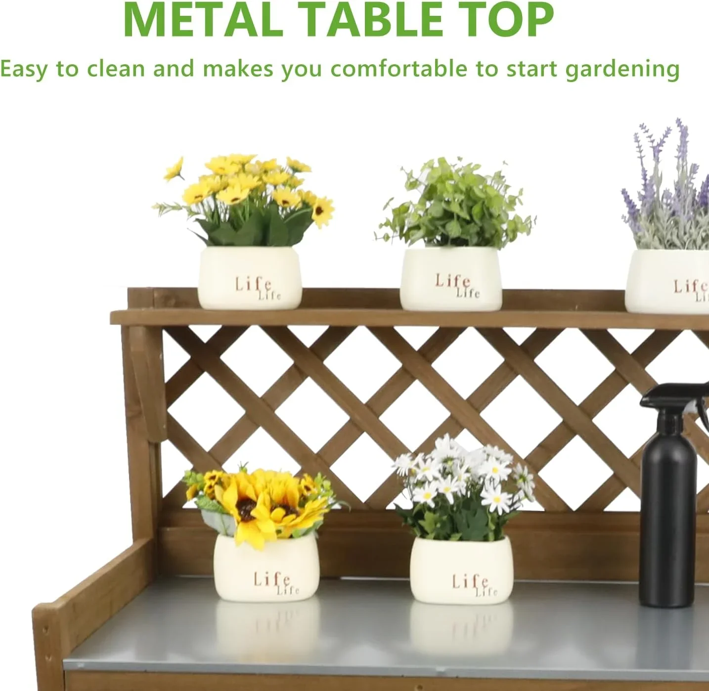 PETSCOSSET Gardening Workbench, Outdoor Wooden Plant Station with Metal Table Top, Drawer, Large Bottom Shelf