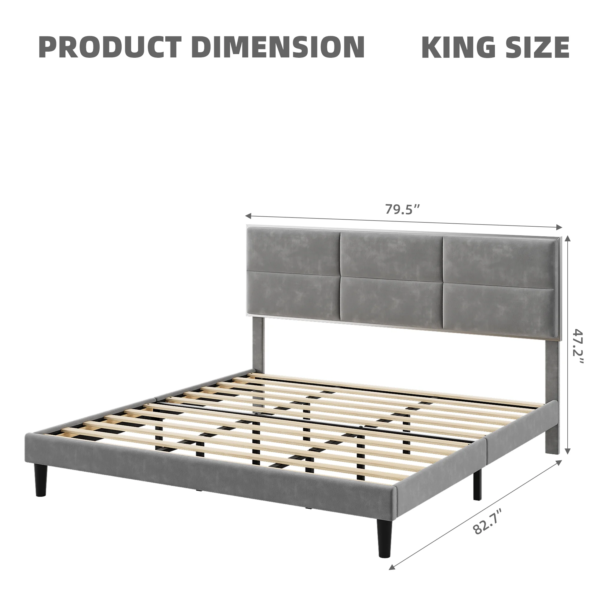 Homhougo King Size Bed Frame Upholstered Platform, Bed Frame with Square Velvet Headboard, Wooden Slats Support, Non - Slip and Noise - Free, No Box Spring Needed, Easy Assembly(Light Gray)
