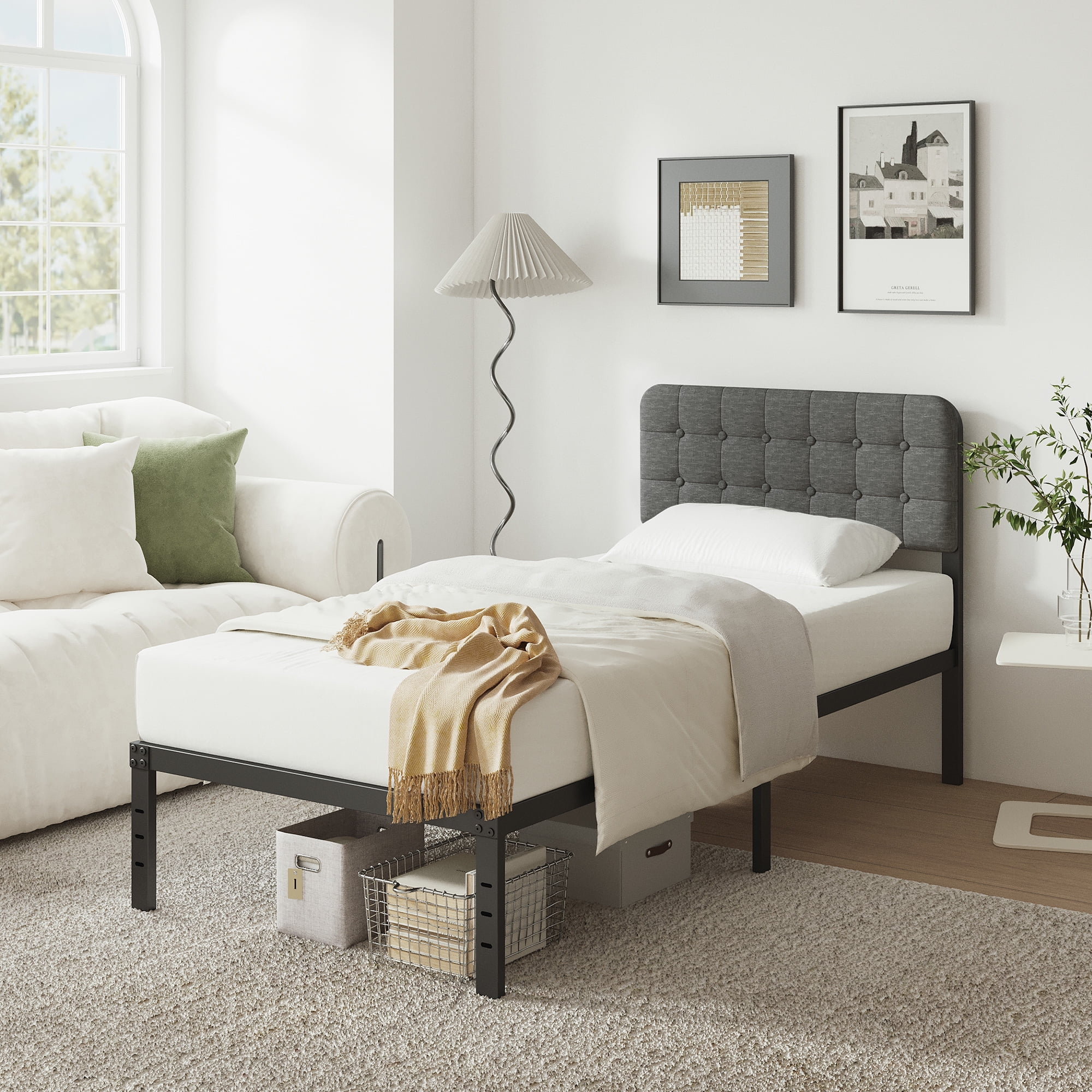 Maenizi Twin XL Bed Frames with Upholstered Headboard, 18 in Twin XL Metal Bed Frame No Box Spring Needed, Heavy Duty Metal Slats, Noise Free, Easy Assemble, Grey