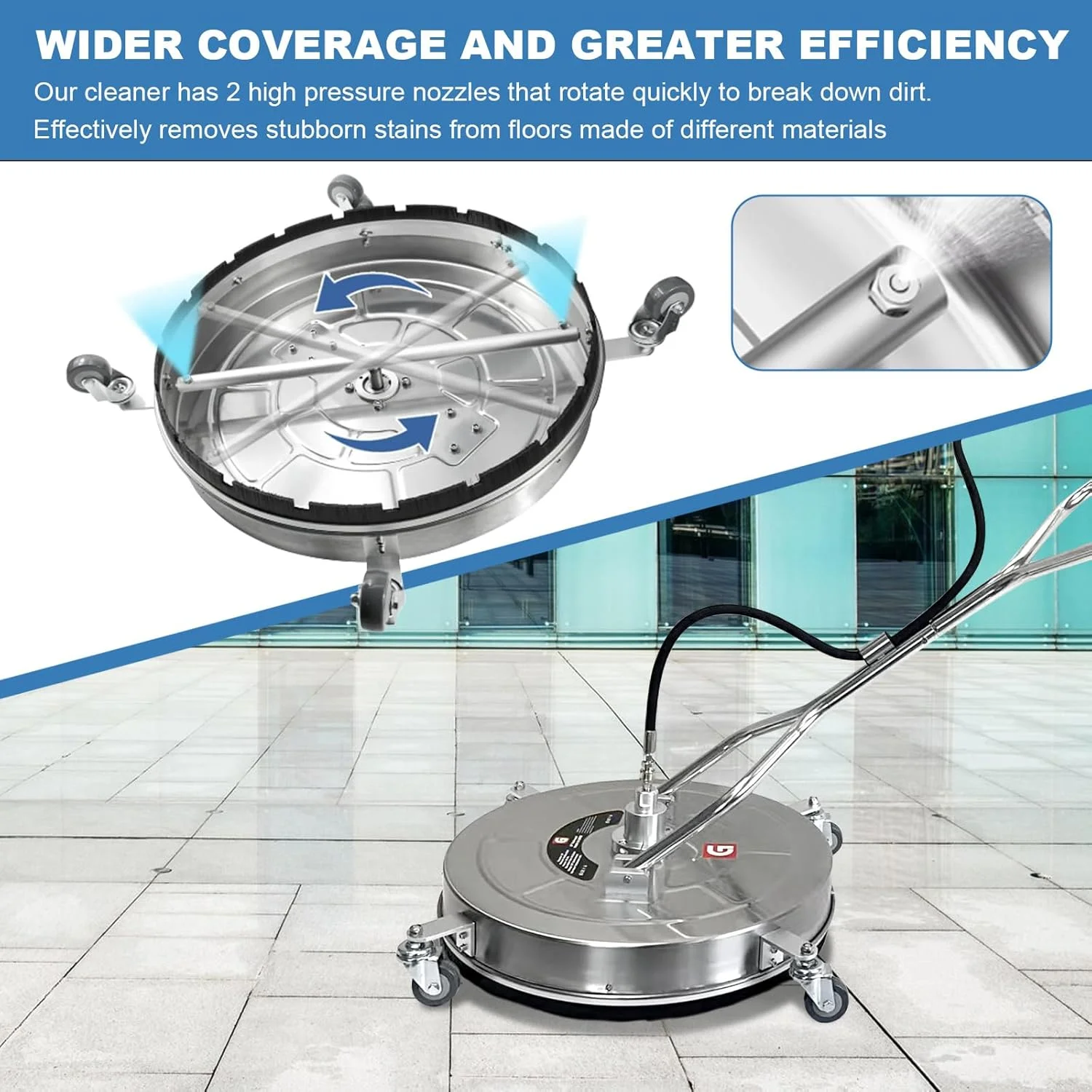 24" Pressure Washer Surface Cleaner with Dual Handles �C Stainless Steel, 4-Wheel Design for Driveways, Sidewalks, Curbs, Decks, Patios �C 4900 PSI, High-Efficiency Cleaning Accessory(24") - Image 9