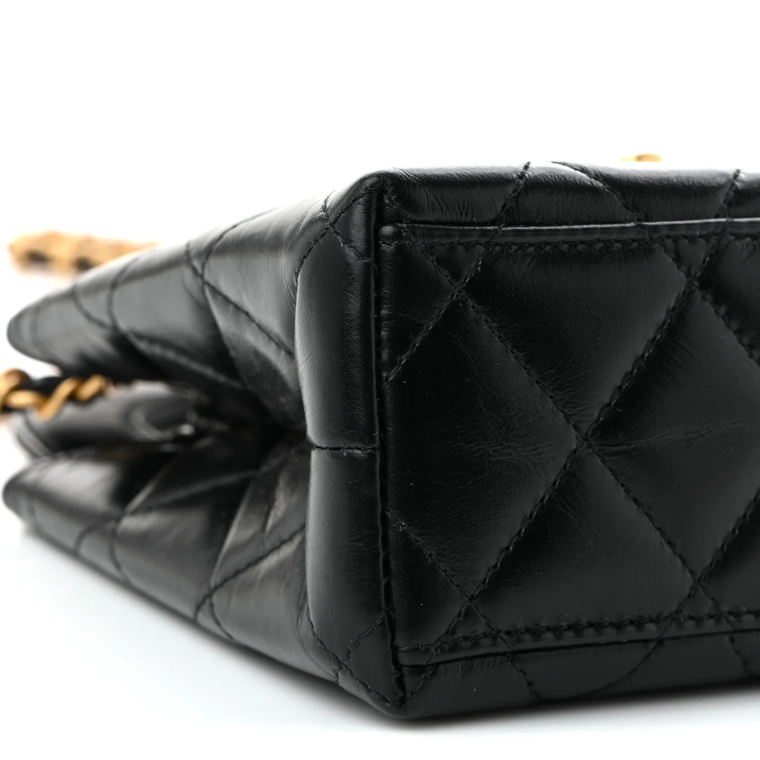 Shiny Aged Calfskin Quilted Nano Kelly Shopper Black