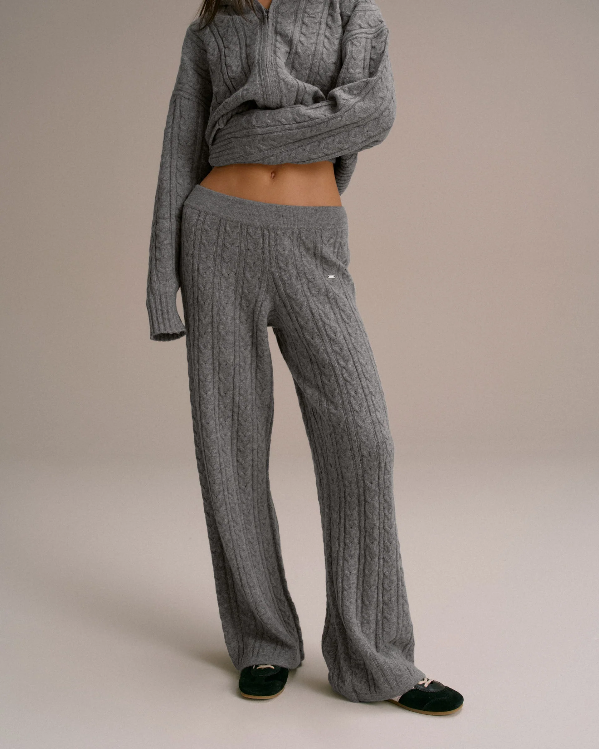 Cable Knit Straight Leg Trousers - Dark Grey Melange