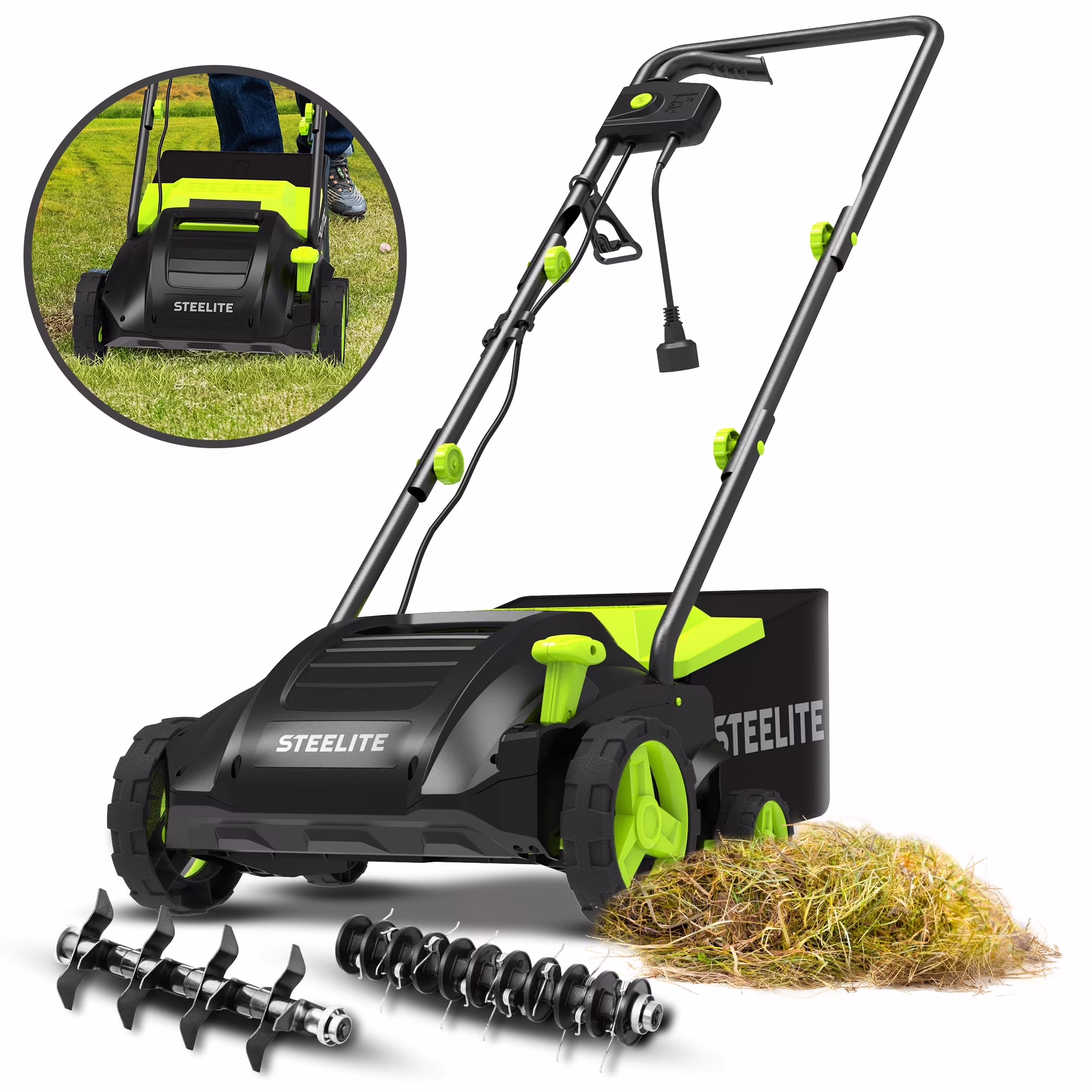 Steelite 2 - in - 1 Electric Dethatcher and Scarifier, 13 - Inch 12 - Amp Corded Electric Dethatcher with Removable 8 - Gallon Collection Bag, for Grass Garden Yard