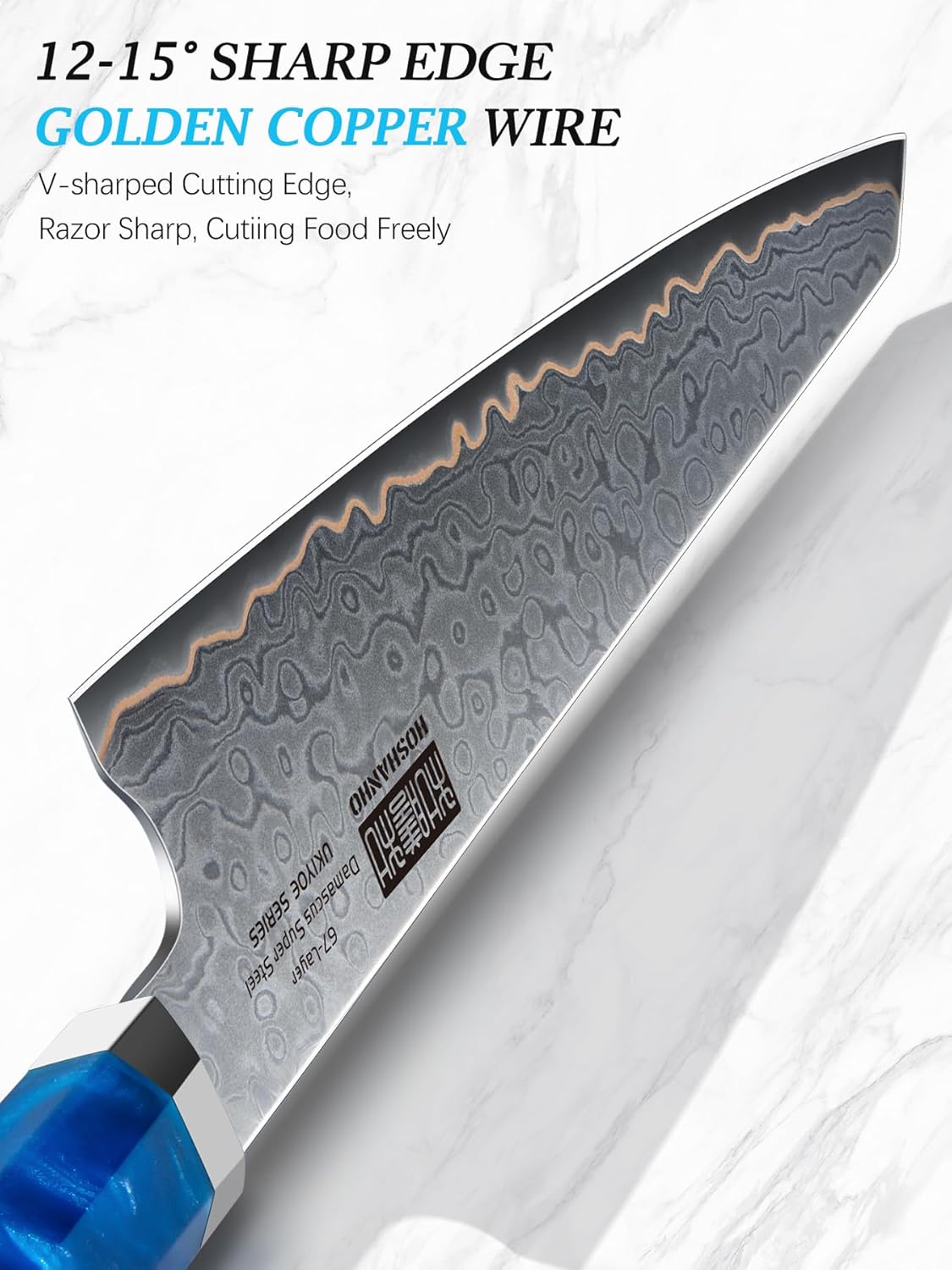 HOSHANHO Damascus 3 Pieces Knife Set, Professional 67-Layer Damascus Steel Kitchen Knife Set, Ultra Sharp Japanese Chef Knives Set with Ergonomic Blue Resin Stabilized Handle & Wood Gift Box