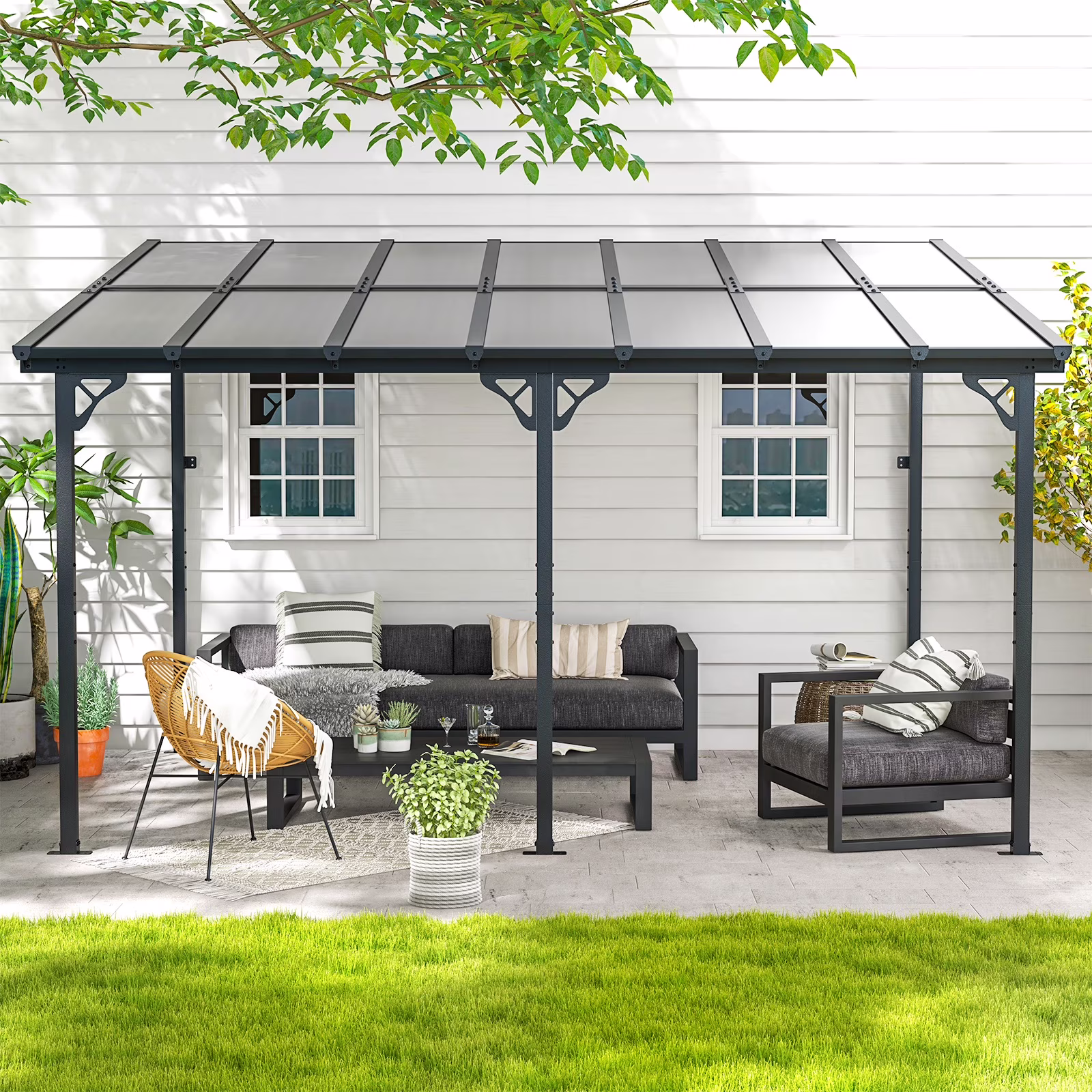JolyDale 10��x 14�� Hardtop Gazebo, Outdoor Wall-mounted Pergola for Garden, Patio, Backyard, Gray
