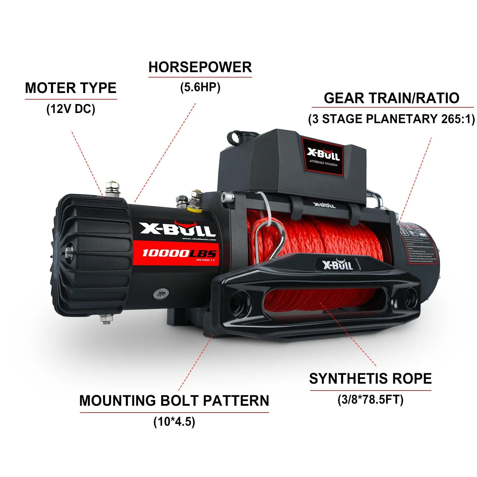 X BULL 10000lb Winch Load Capacity Electric Winch Kit 12V Synthetic Rope Waterproof Electric Winch with Hawse Fairlead with Wireless Handheld Remote and Corded Control Recovery Image 2