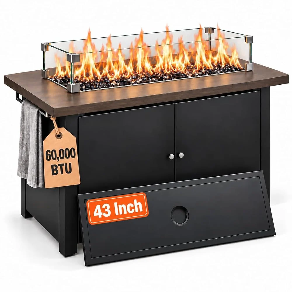 43 Inch Propane Fire Pit Table, 60,000 BTU Gas Fire Pit