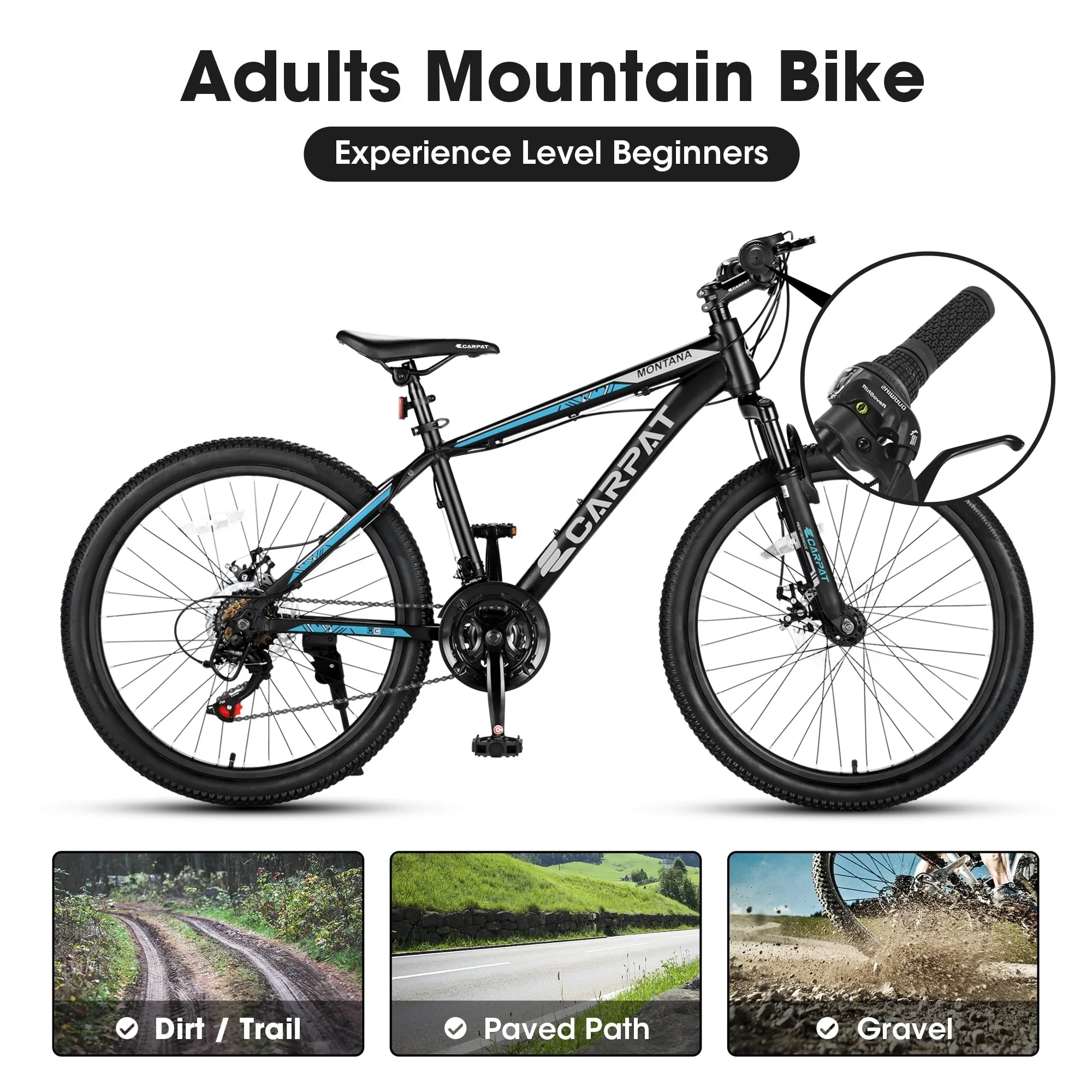 Ecarpat 26 Inch Wheels Mountain Bike, Mens Womens 26 Inch, 17 Height Aluminum Steel Frame, 21 Speed Disc Brakes Front Suspension, Youth Boys Girls Adult Bicycles Black