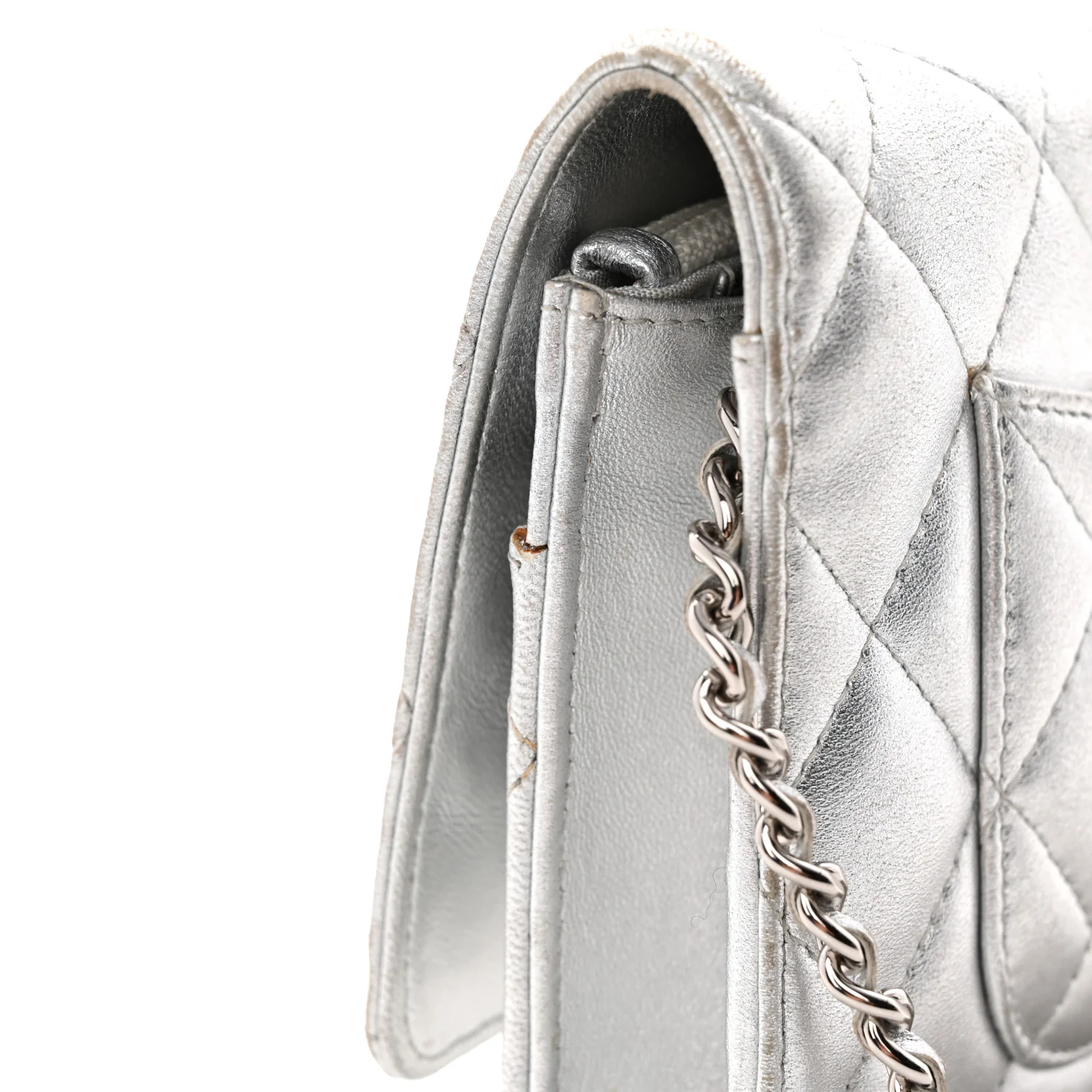 Metallic Lambskin Quilted Wallet On Chain WOC Silver