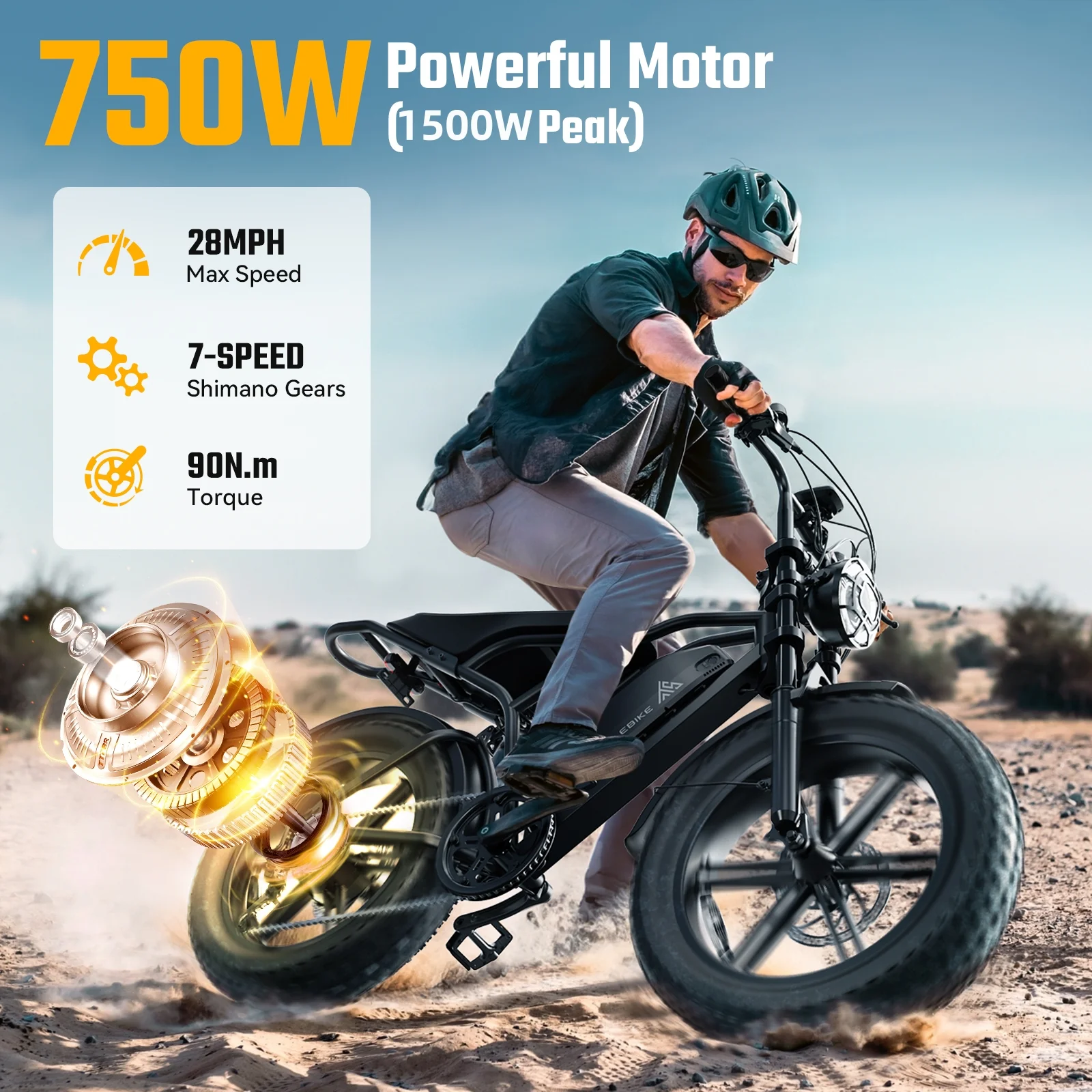 Electric Bike for Adults, 750W Peak 1500W Motor, 20"x4" Fat Tire, E Mountain Bike, 48V/15AH UL2849(R004-15AH-Black(Walmart exclusive)) - Image 2
