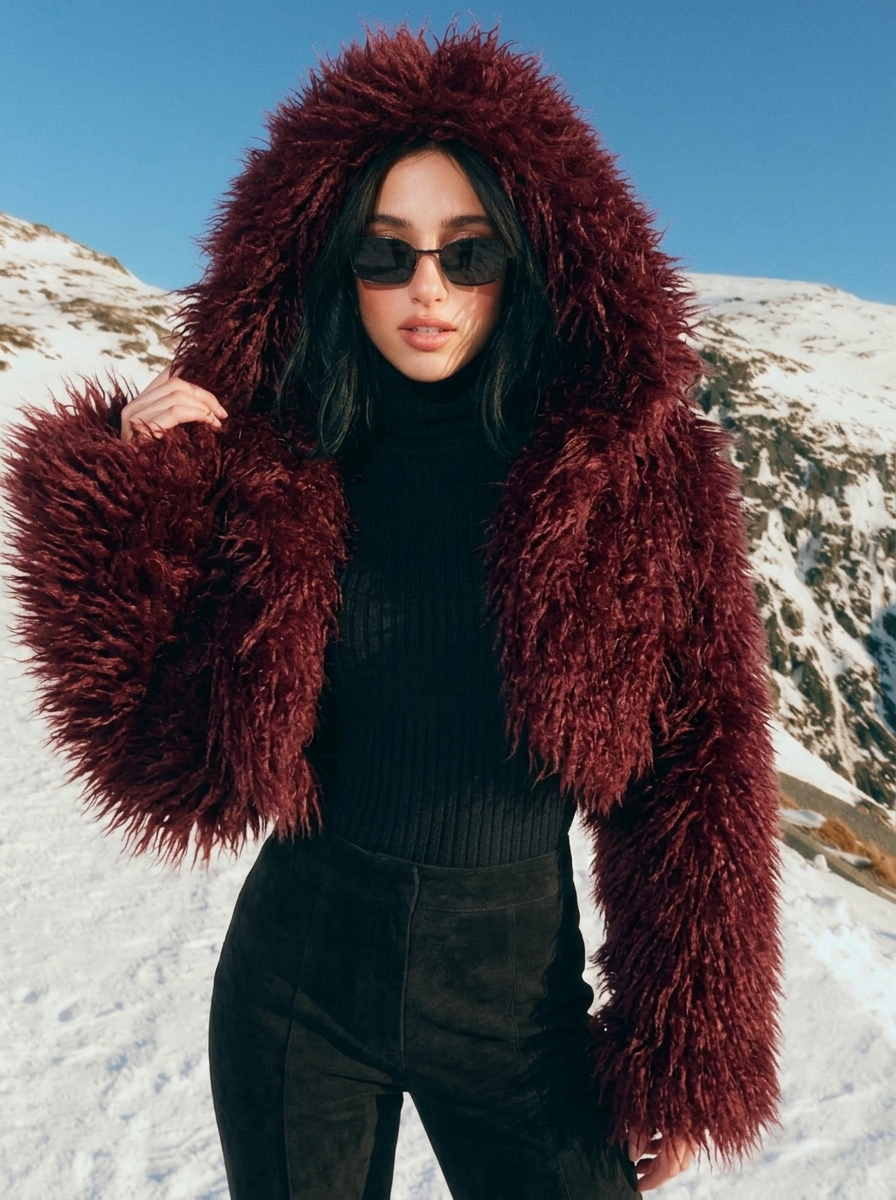 Stanetco Women's Cropped Burgundy Faux Fur Hooded Jacket - Fluffy Winter Shaggy Coat, Trendy Warm Plush Outerwear