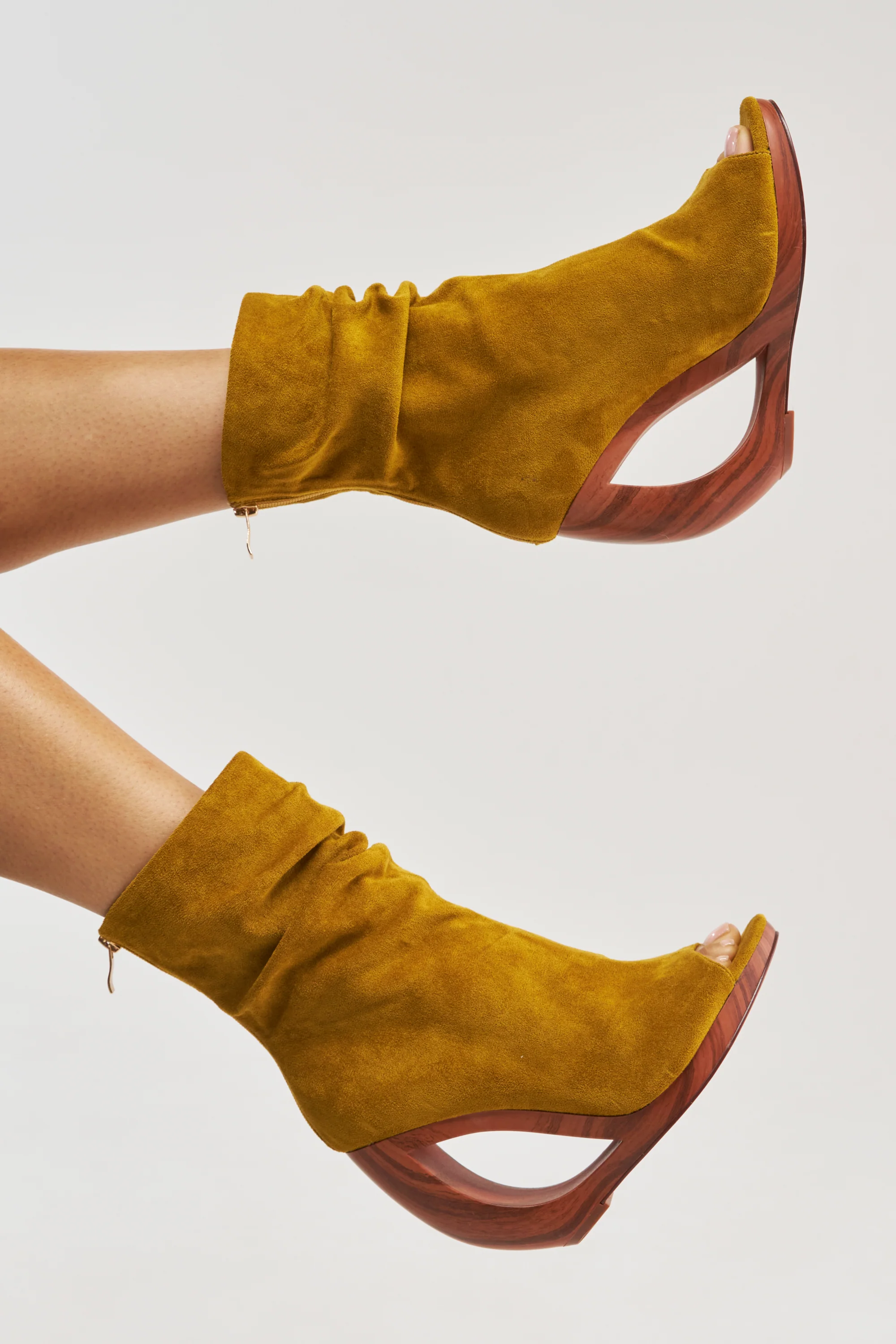 AZALEA WANG ARLO MUSTARD WEDGE OPEN TOE FAUX SUEDE BOOTIE - Akira Store