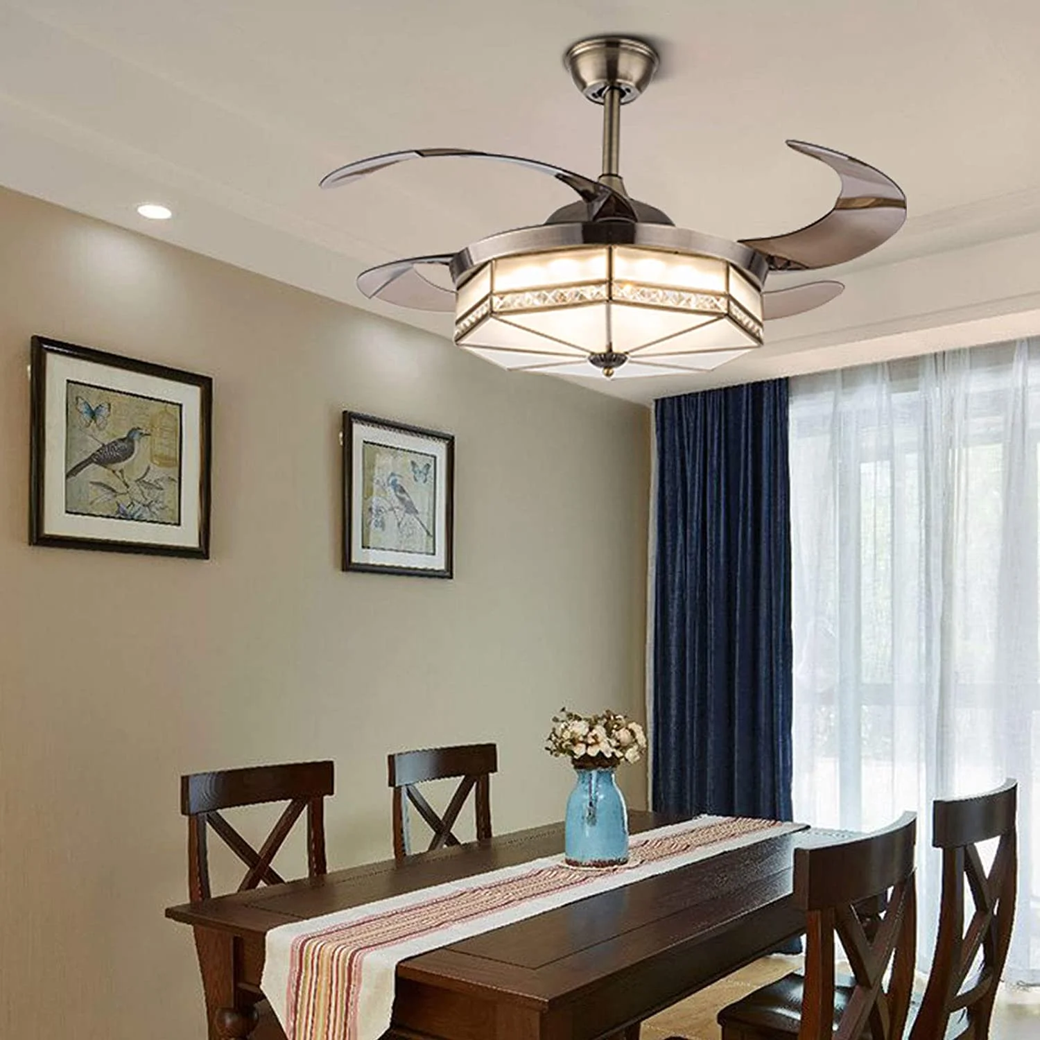 42" Retractable Chandelier Fan Painted Style Ceiling Fan with Light and Remote Control White Chandelier Fan Lamp 3 Speed Chic Crystal Ceiling Fan Lamp 3 Color Chandelier Living Room Decor