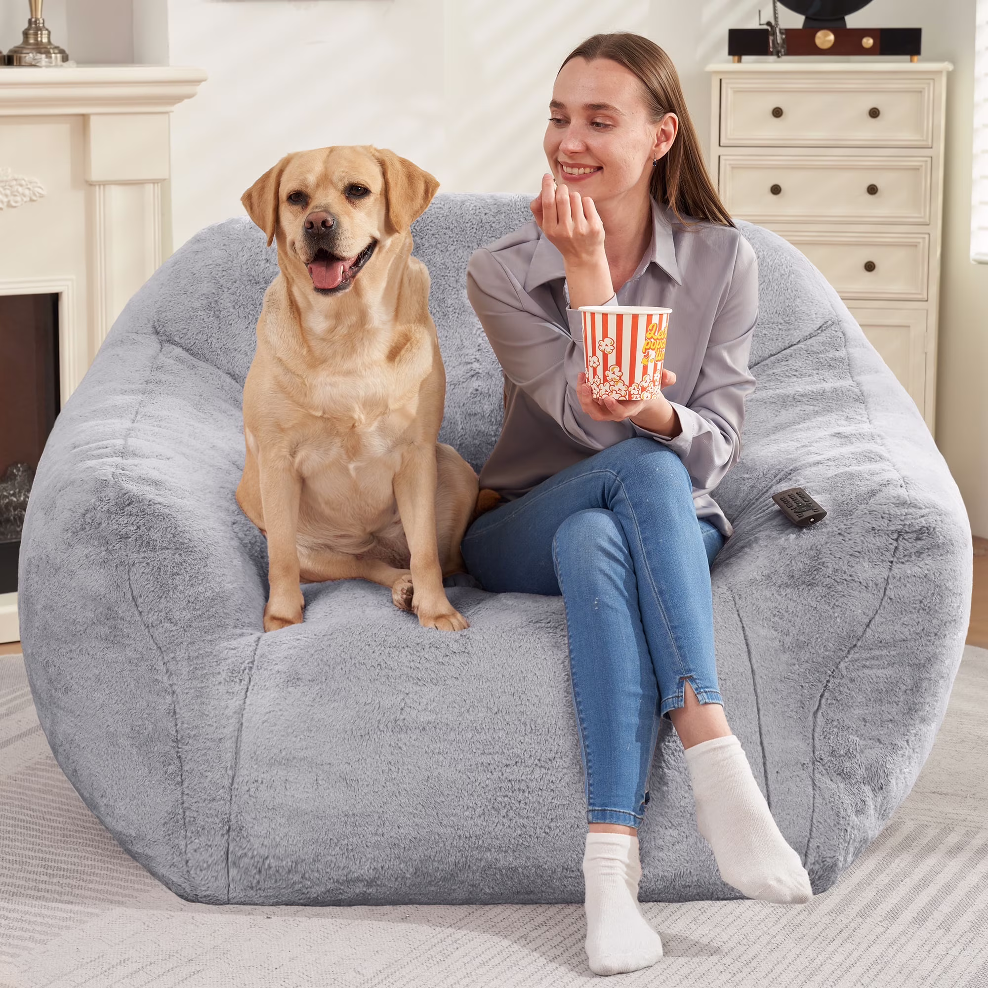 Giant Bean Bag Chair for Adults Kids, Oversized Lounger Couch Large Lazy Chair w/ Stuffed Memory Foam Wide Armrests, Light Gray(Light Gray)